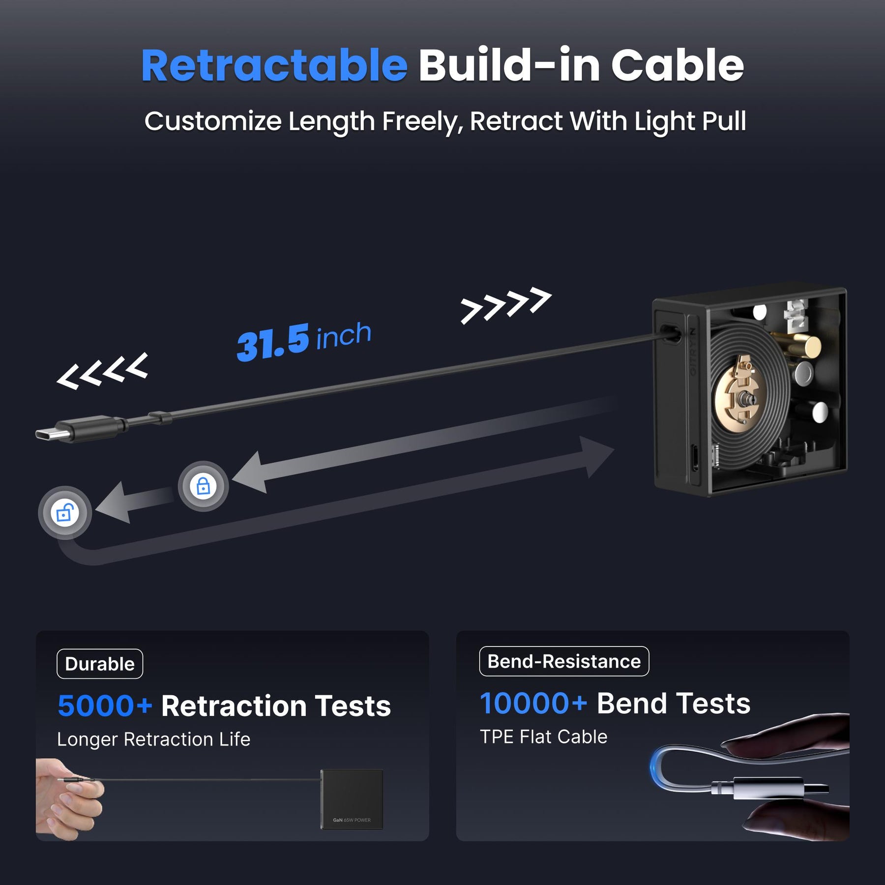 Gitryin Retractable 65W Fast Charger for 3C Devices