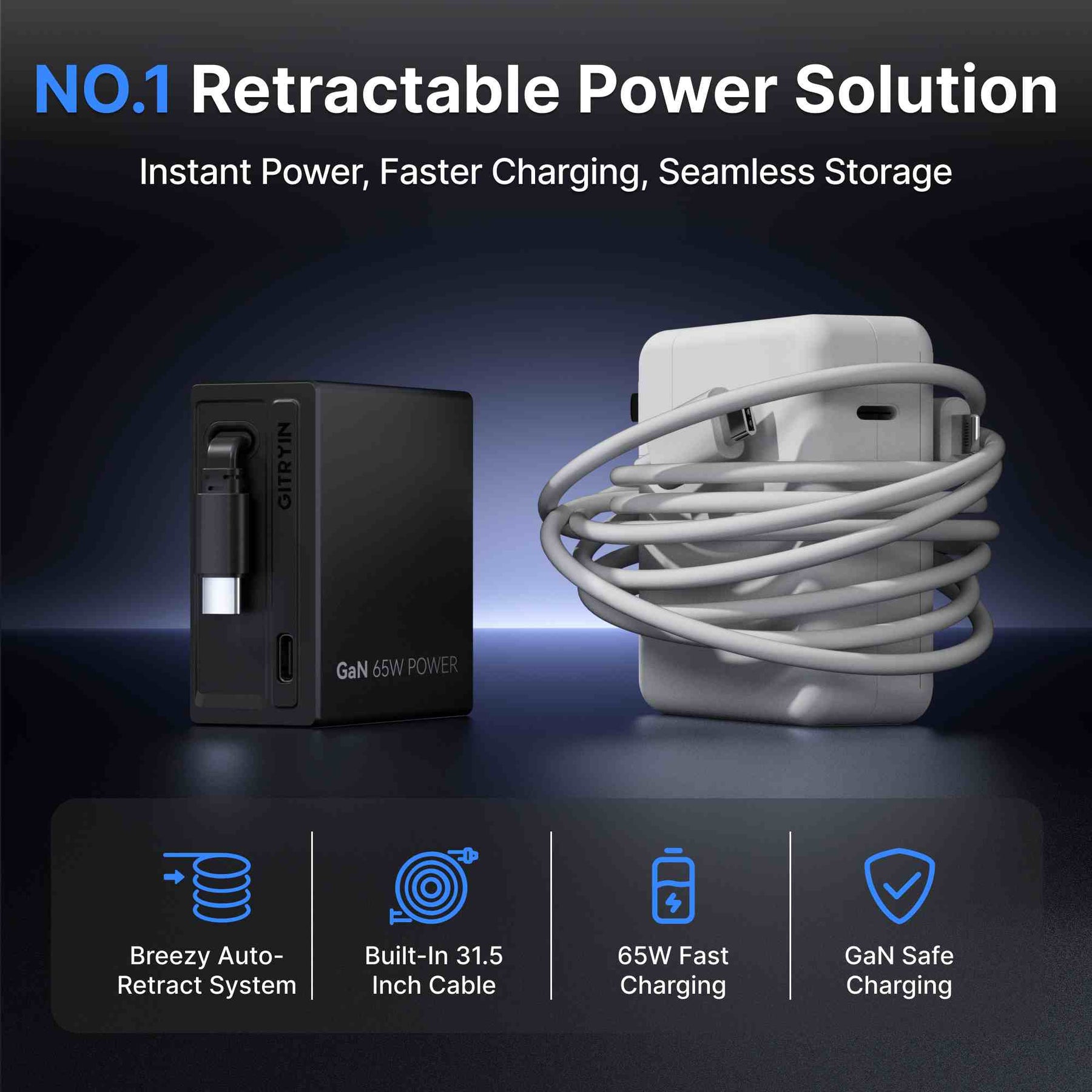 Gitryin Retractable 65W Fast Charger for 3C Devices