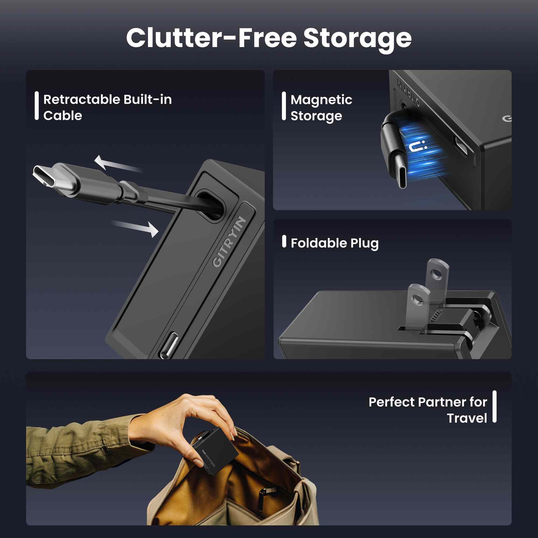 Gitryin Retractable 65W Fast Charger for 3C Devices