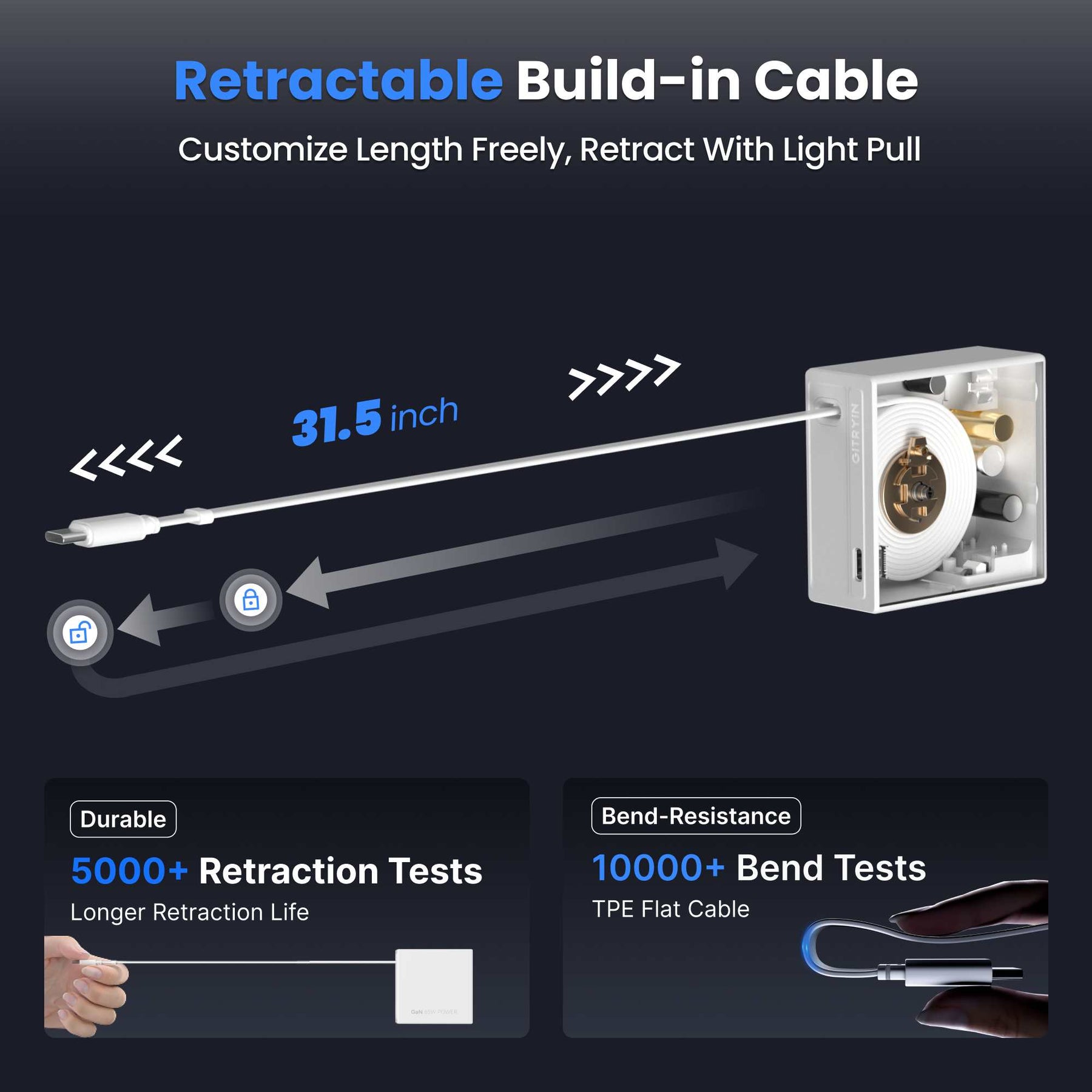 Gitryin Retractable 65W Fast Charger for 3C Devices