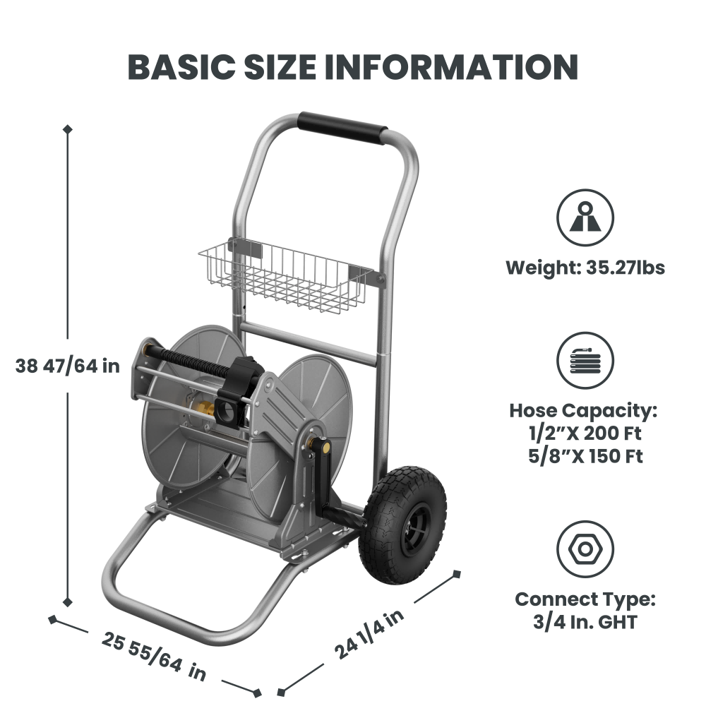 Garden Hose Reel Cart-2 Wheels-Metal-Heavy Duty