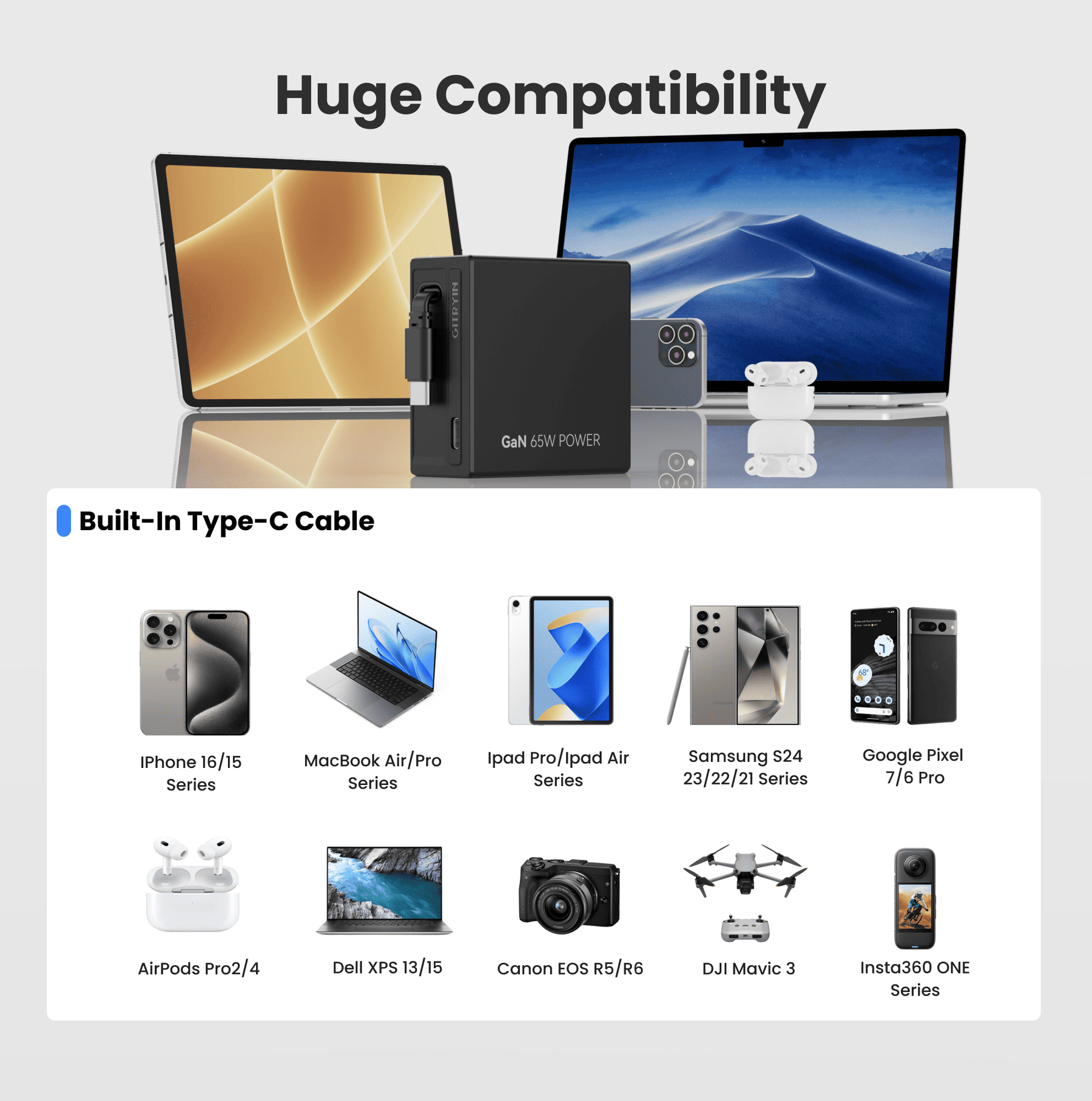 Gitryin Retractable 65W Fast Charger for 3C Devices