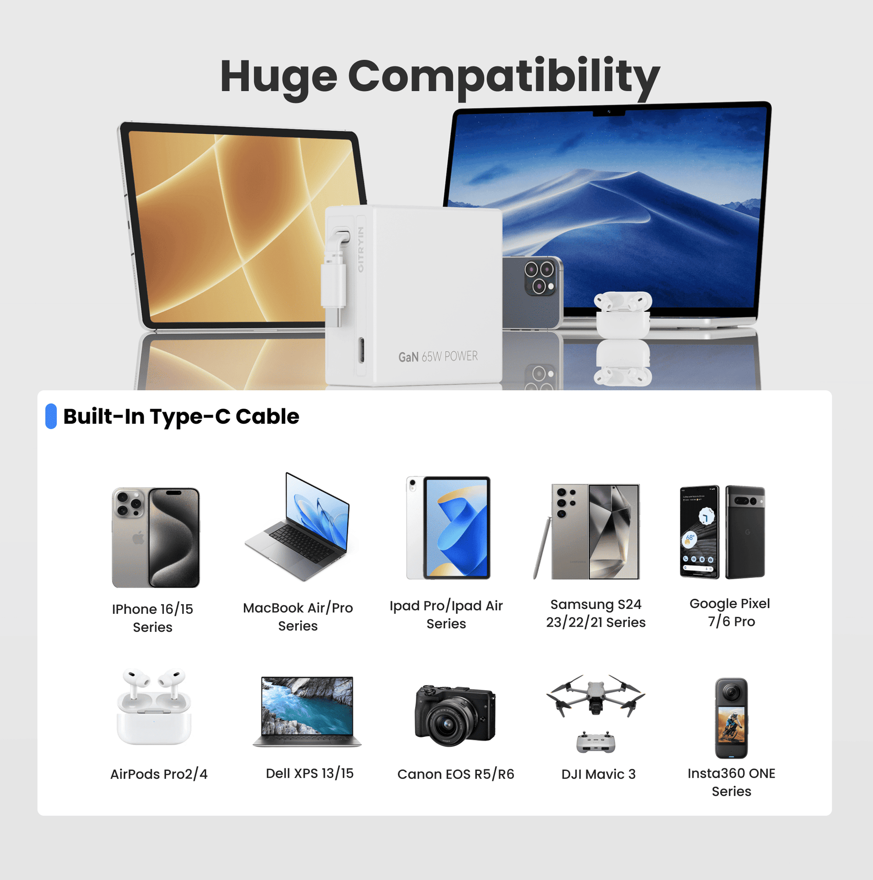 Gitryin Retractable 65W Fast Charger for 3C Devices