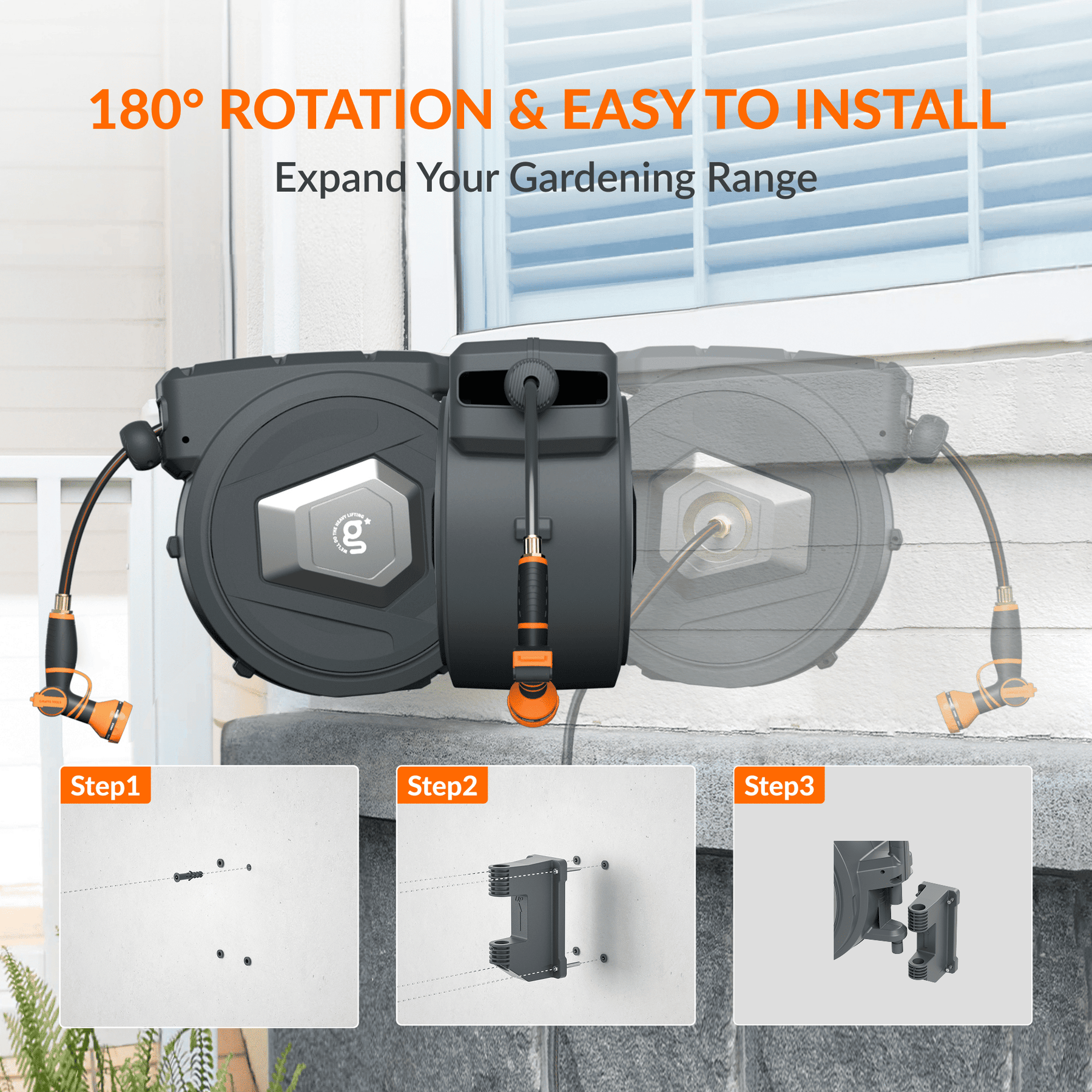 Premium Instant Glide Retractable Garden Hose Reel - Metal Bracket