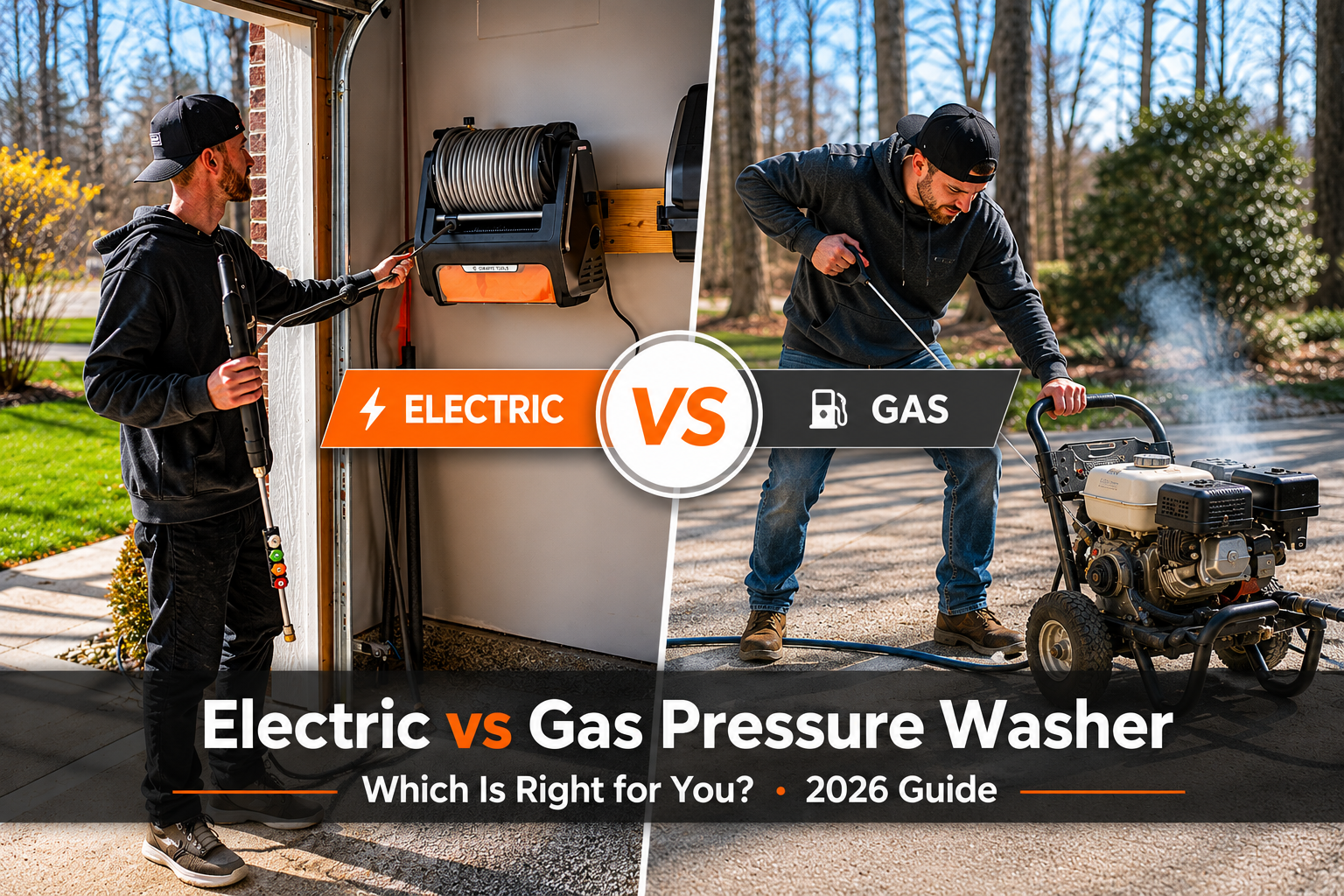 Electric vs gas pressure washer comparison showing different cleaning setups