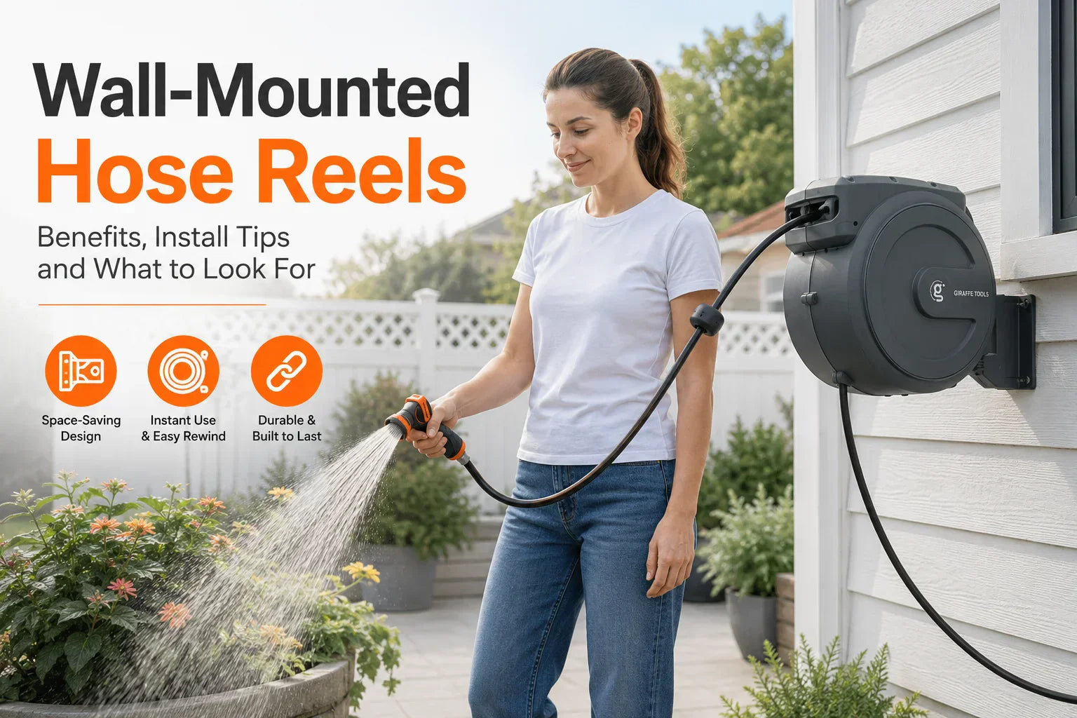 Wall-mounted retractable hose reel used for garden watering.