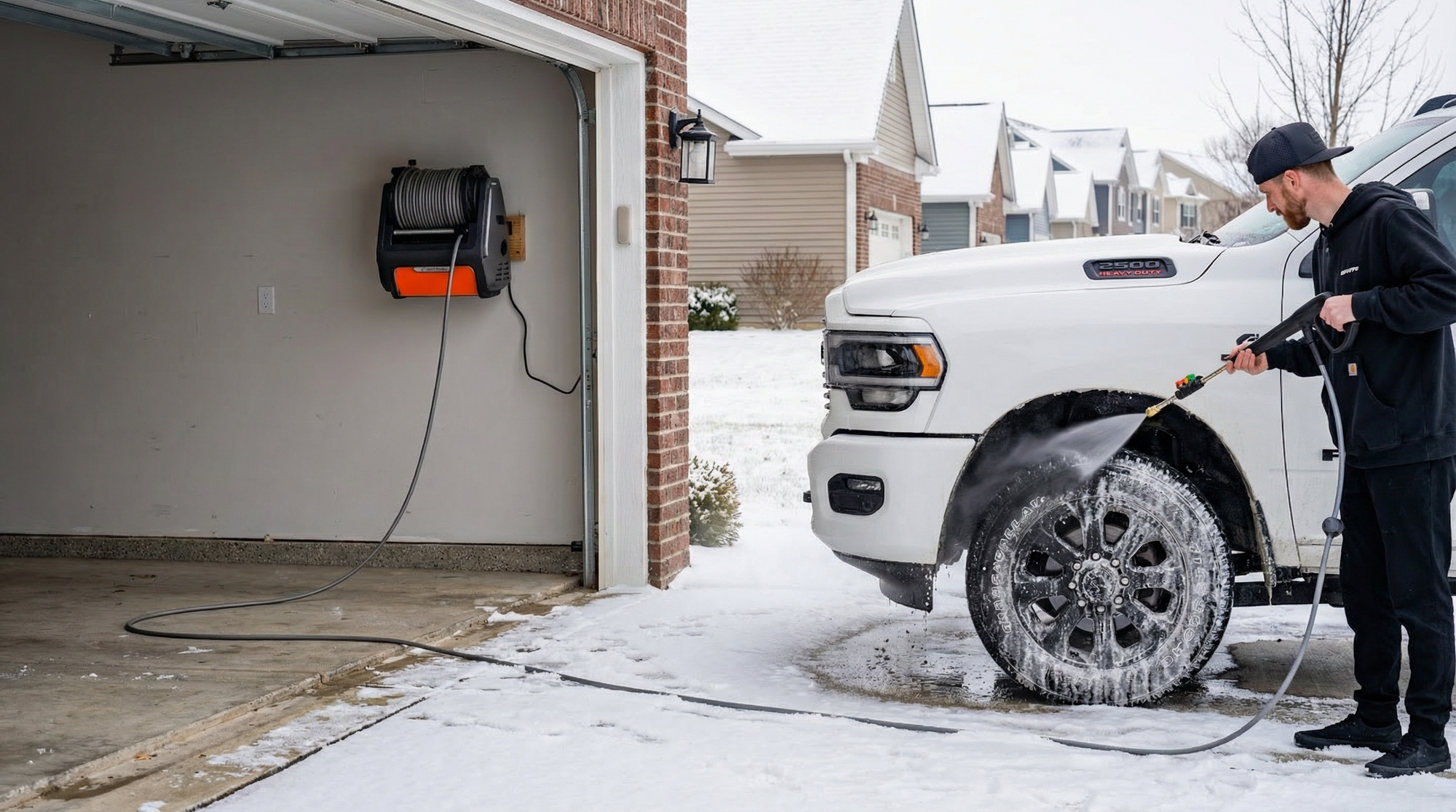 Wall-mounted power washer cleaning salt from vehicle tires