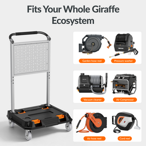 Giraffe Tools Heavy Duty Rolling Utility Cart Features: compatibility with garden hose reels, pressure washers, vacuum cleaners, air hose reels, and cord reels.