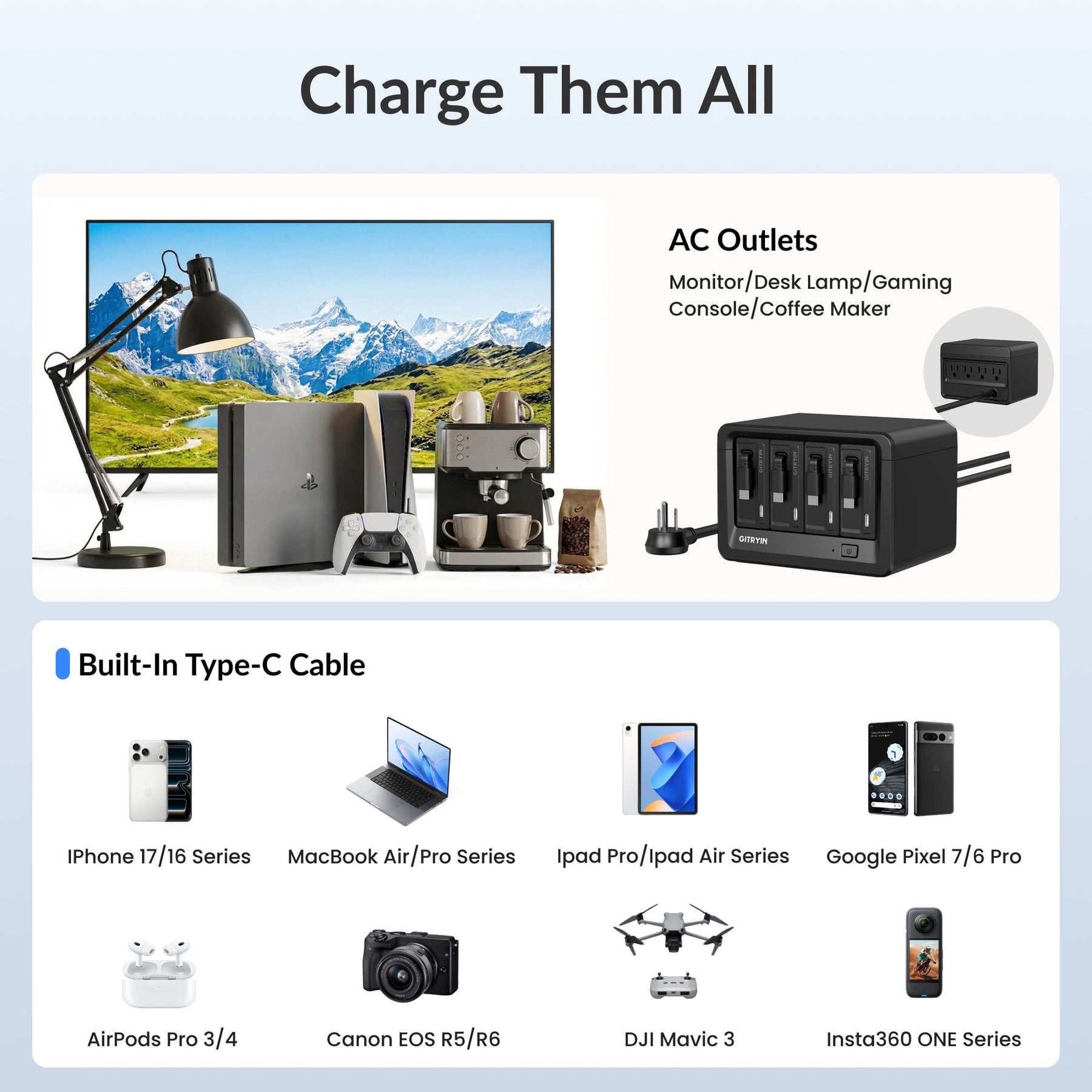 Gitryin Desktop Charging Station 12-in-1 (65W Combo) Features showing the black model supporting multiple devices through ac outlets and built-in charging cables