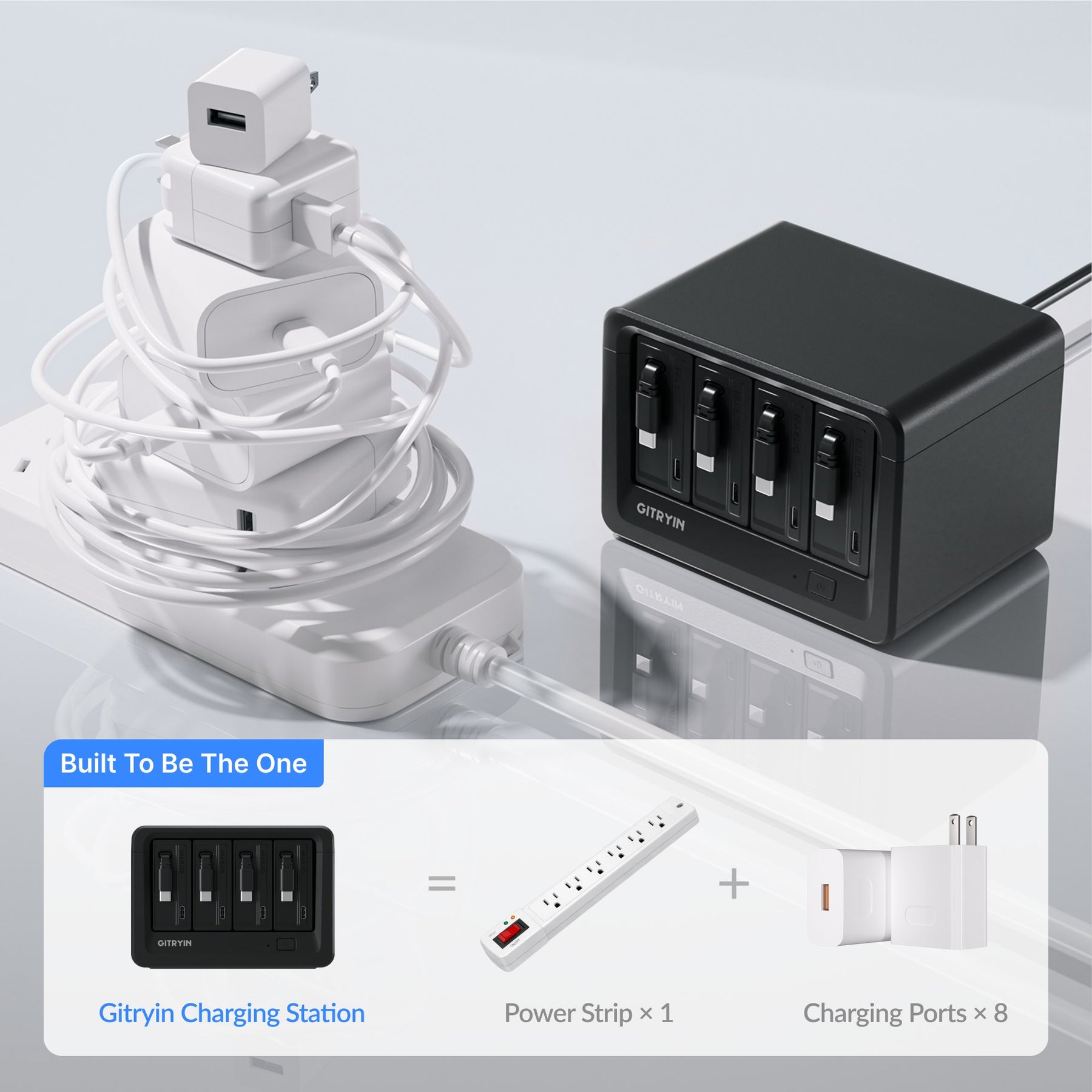 Gitryin Desktop Charging Station 12-in-1 (65W Combo) Features showing the black model combining a power strip and multiport charging