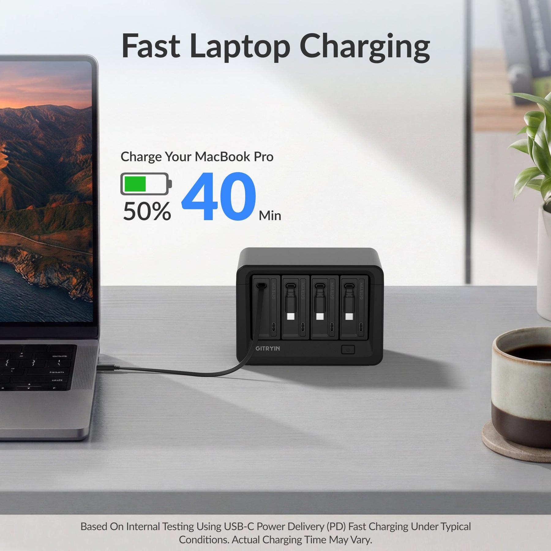 Gitryin Desktop Charging Station 12-in-1 (65W Combo) Features showing the black model delivering fast laptop charging