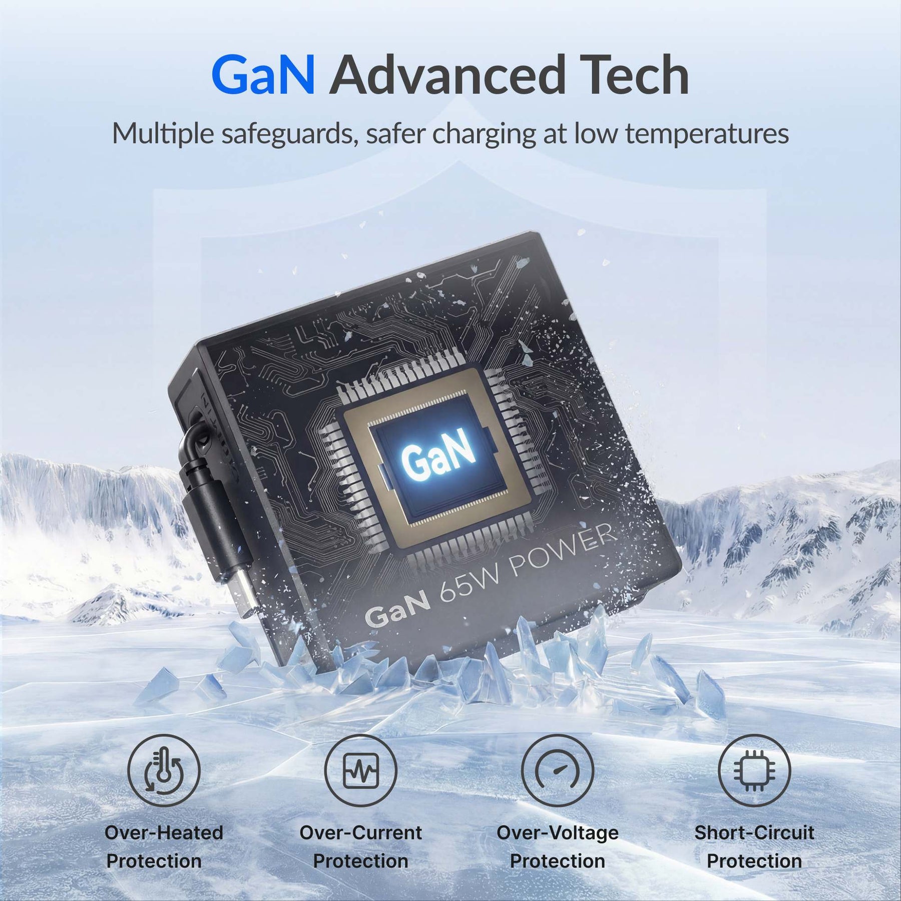 Gitryin Desktop Charging Station 12-in-1 (65W Combo) Features showing the black charging module with gallium nitride technology and four safety protections