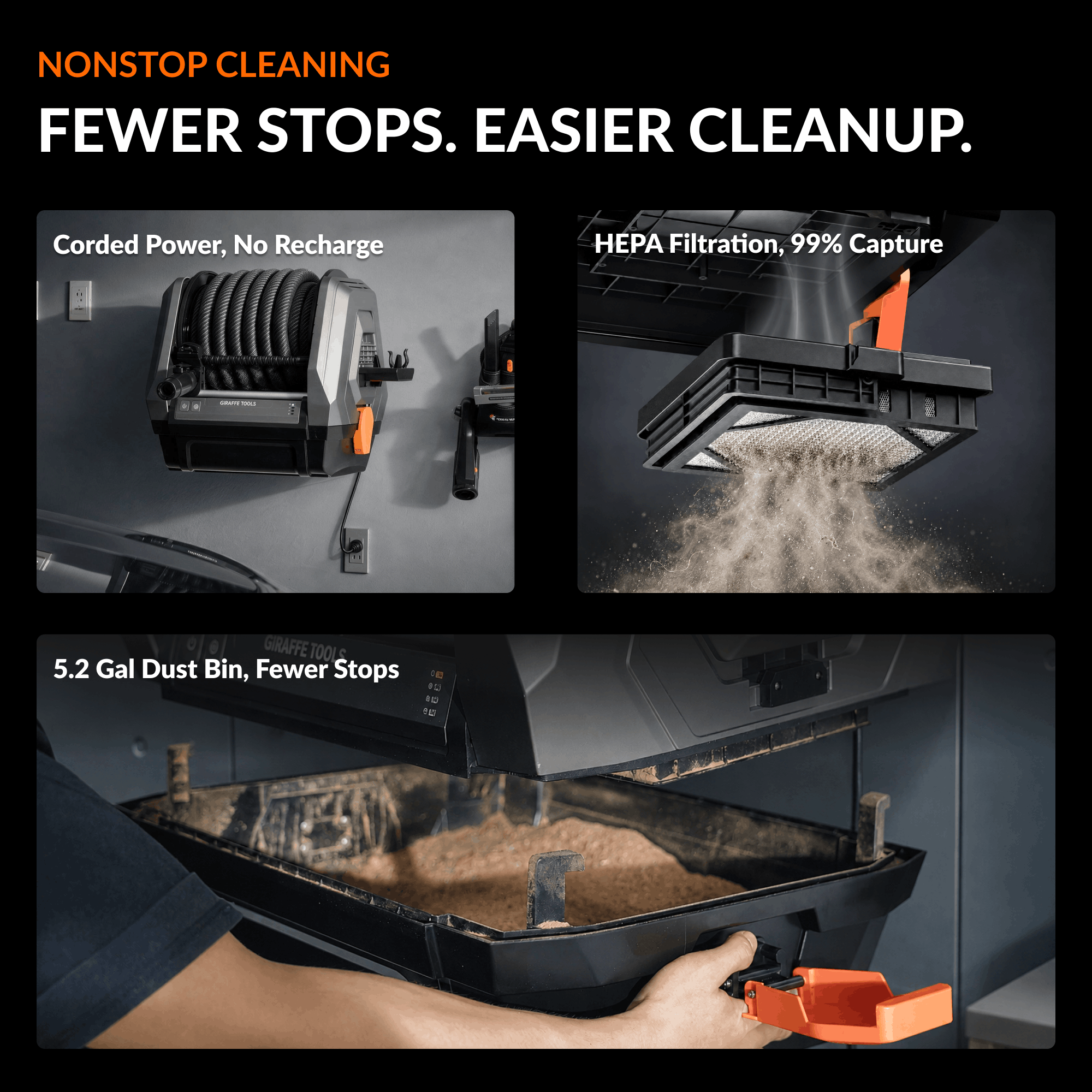 Giraffe Tools GrandFlux Retractable Vacuum Cleaner Features showing HEPA filtration system