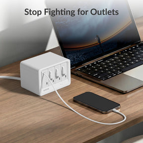 Gitryin Desktop Charging Station 12-in-1 (65W Combo) Features showing the white model charging a phone with a built-in retractable cable