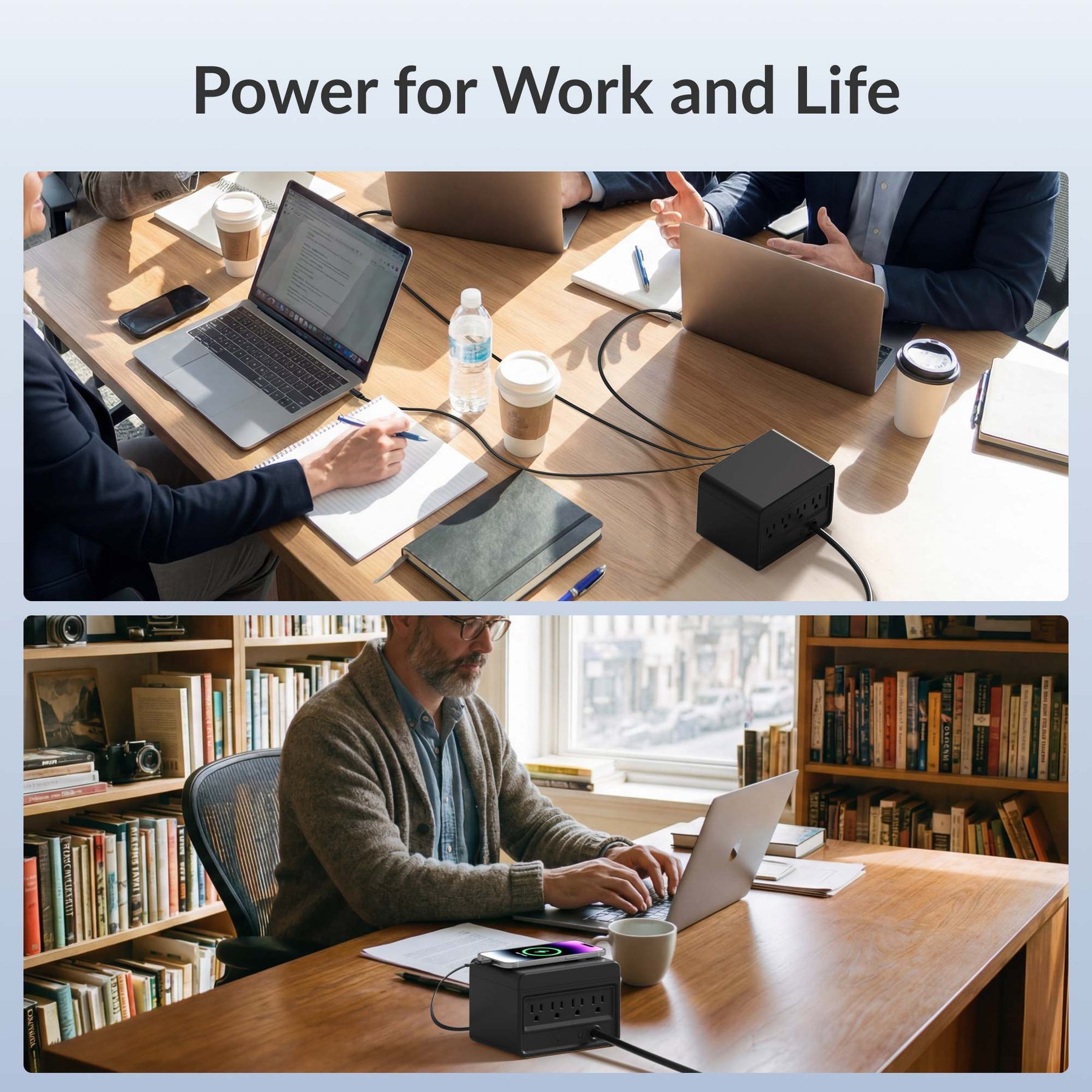 Gitryin Desktop Charging Station 12-in-1 (65W Combo) Features showing the black model powering devices in meetings and home offices