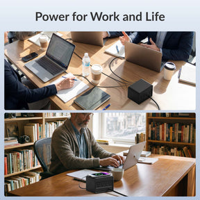 Gitryin Desktop Charging Station 12-in-1 (65W Combo) Features showing the black model powering devices in meetings and home offices