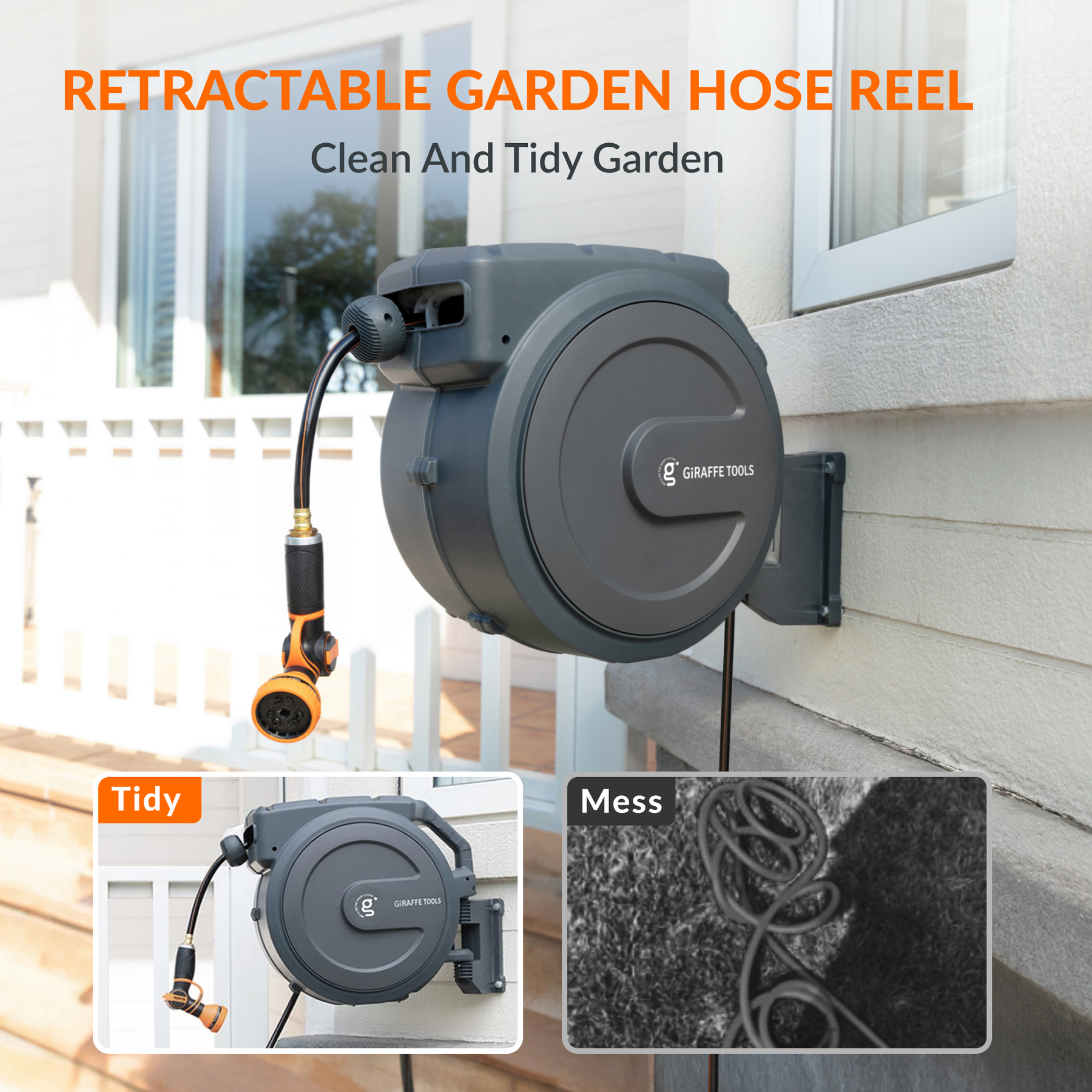 Garden Hose Reel Garden Hose Reel Wall Mounted, 25M/82Ft 1/2inch Auto  Retractable Hosepipe Wall-Mounted on Reel Portable 180° Swivel 8-in-1 Jet  or