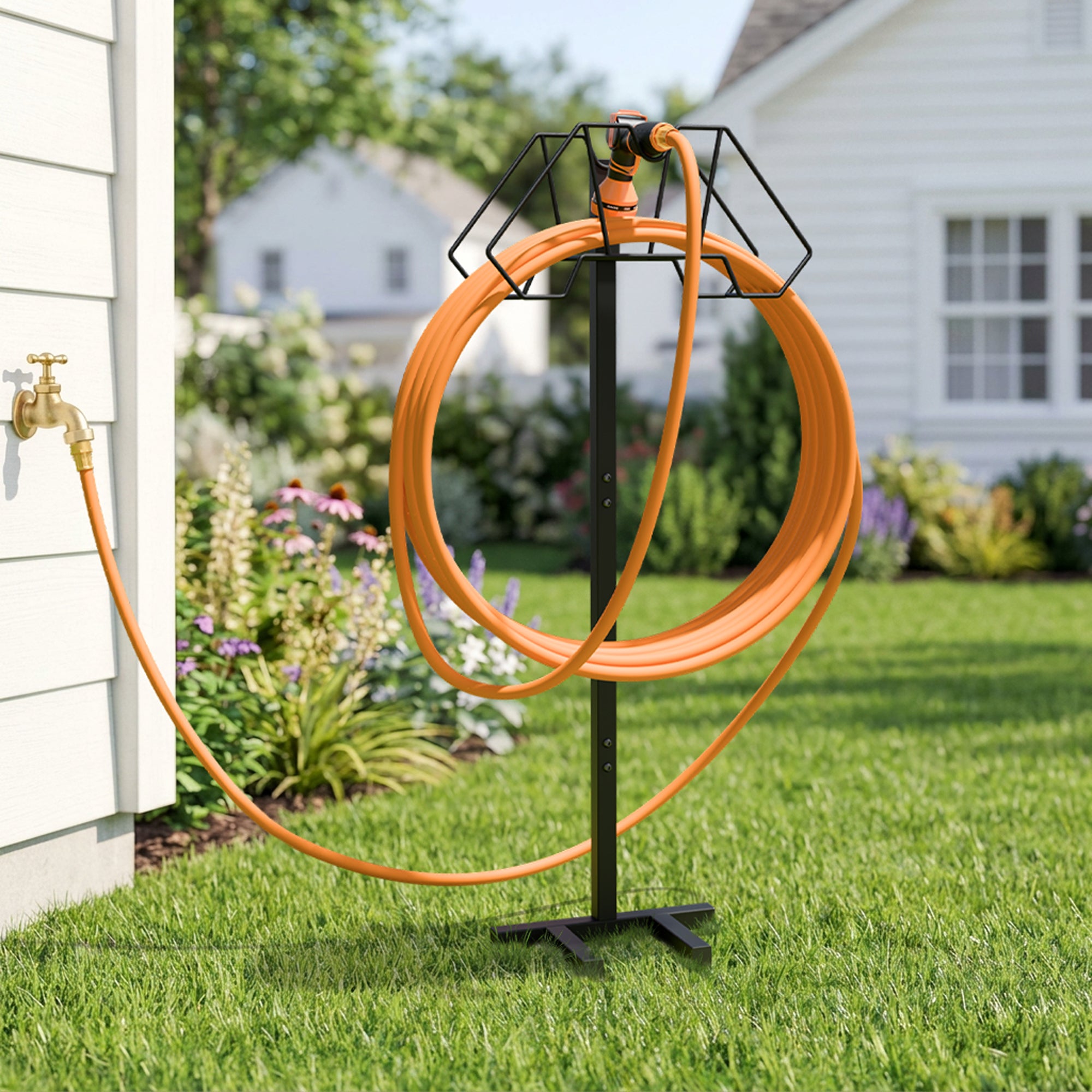 Giraffe Tools Garden Hose Holder Features freestanding hose storage with a coiled garden hose and nozzle for a tidy outdoor yard.