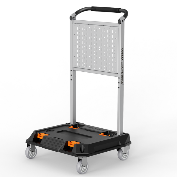 Giraffe Tools Heavy Duty Rolling Utility Cart Features: a heavy-duty frame, customizable pegboard, spacious storage platform, and four caster wheels.