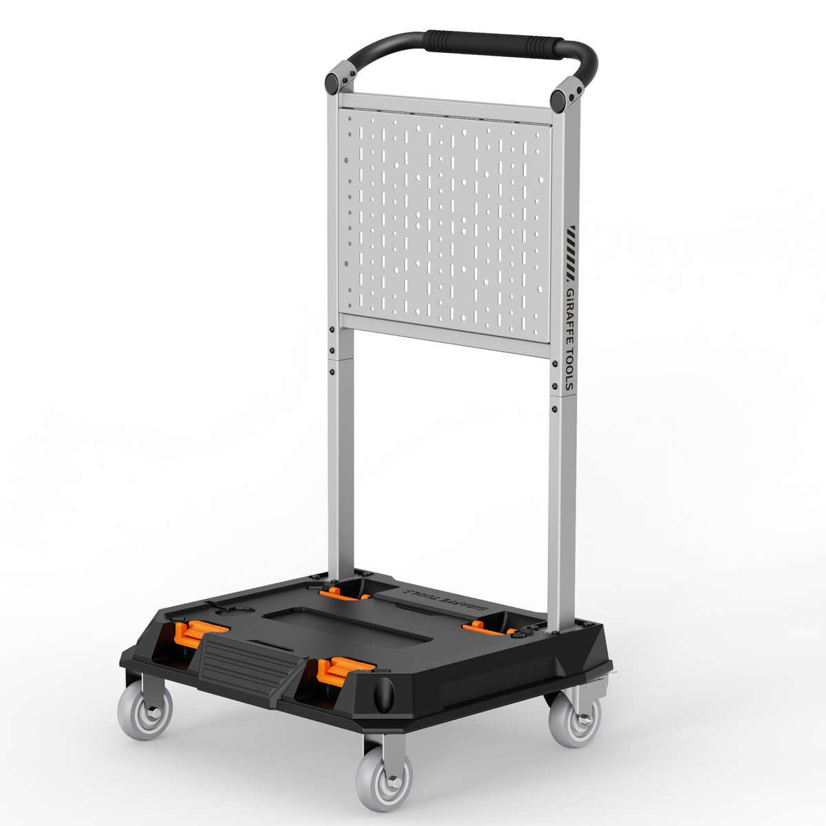 Giraffe Tools Heavy Duty Rolling Utility Cart Features: a heavy-duty frame, customizable pegboard, spacious storage platform, and four caster wheels.