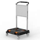 Giraffe Tools Heavy Duty Rolling Utility Cart Features: a heavy-duty frame, customizable pegboard, spacious storage platform, and four caster wheels.