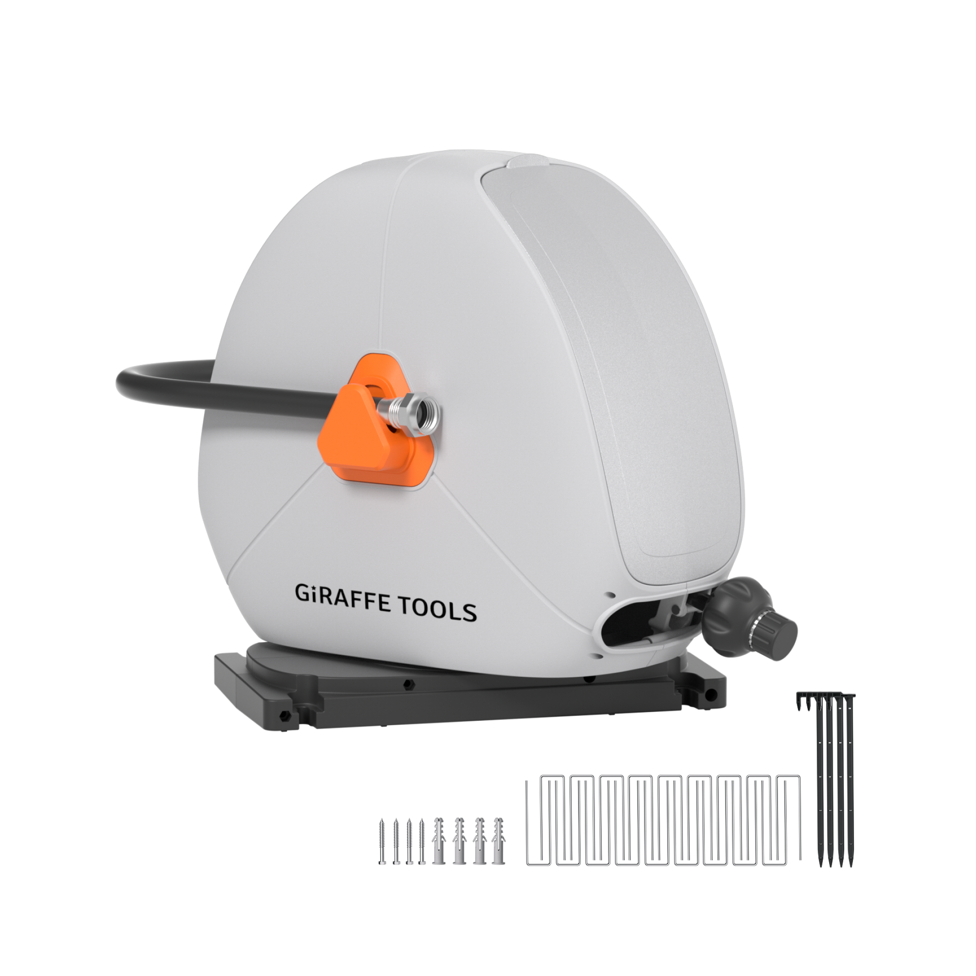 Giraffe Tools Ground-Mounted Retractable Irrigation Hose Reel-5/8 in-79ft Features a ground-mounted irrigation hose reel with mounting stakes and fastener kit.