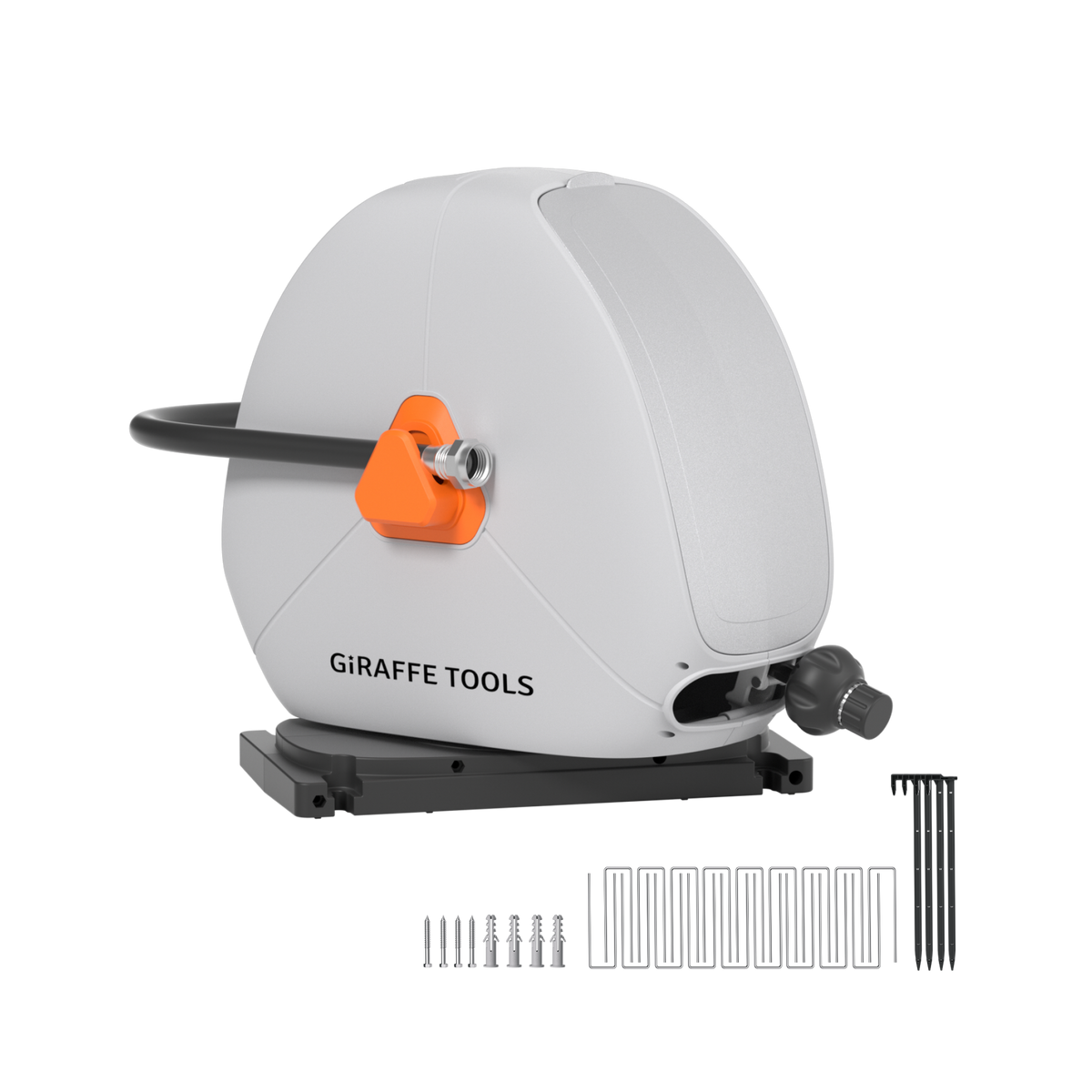 Giraffe Tools Ground-Mounted Retractable Irrigation Hose Reel-5/8 in-79ft Features a ground-mounted irrigation hose reel with mounting stakes and fastener kit.