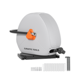 Giraffe Tools Ground-Mounted Retractable Irrigation Hose Reel-5/8 in-79ft Features a ground-mounted irrigation hose reel with mounting stakes and fastener kit.