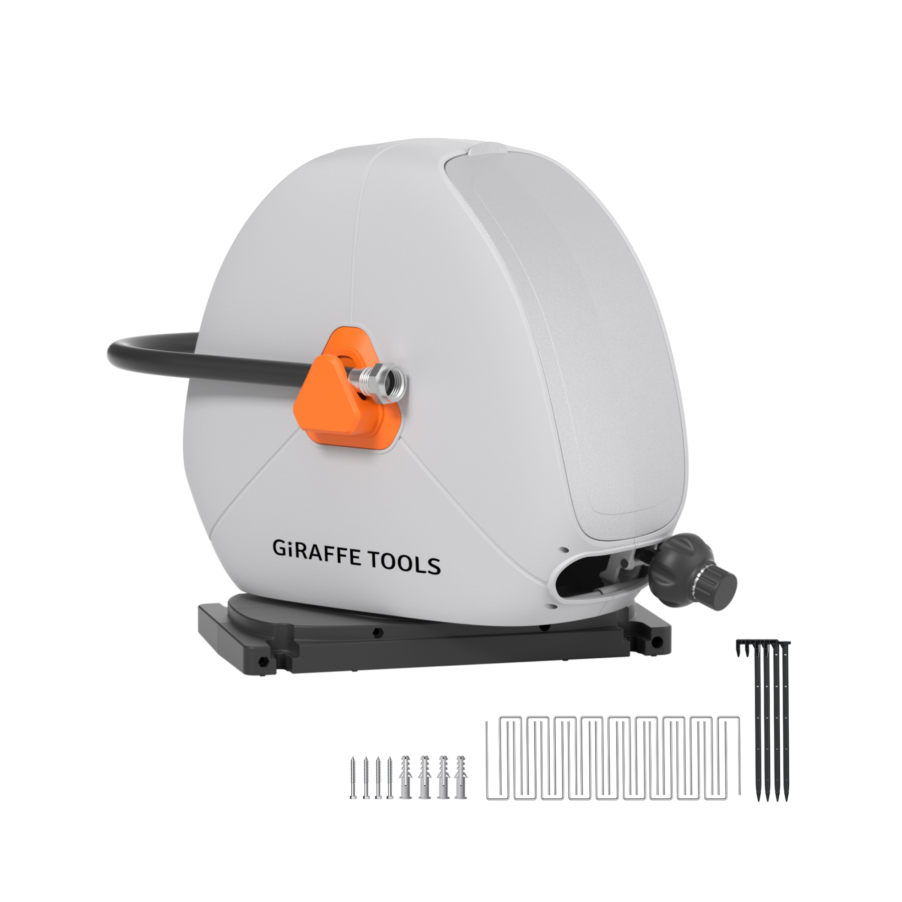 Giraffe Tools Ground-Mounted Retractable Irrigation Hose Reel-5/8 in-79ft Features a ground-mounted irrigation hose reel with mounting stakes and fastener kit.