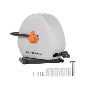 Giraffe Tools Ground-Mounted Retractable Irrigation Hose Reel-5/8 in-79ft Features a ground-mounted irrigation hose reel with mounting stakes and fastener kit.