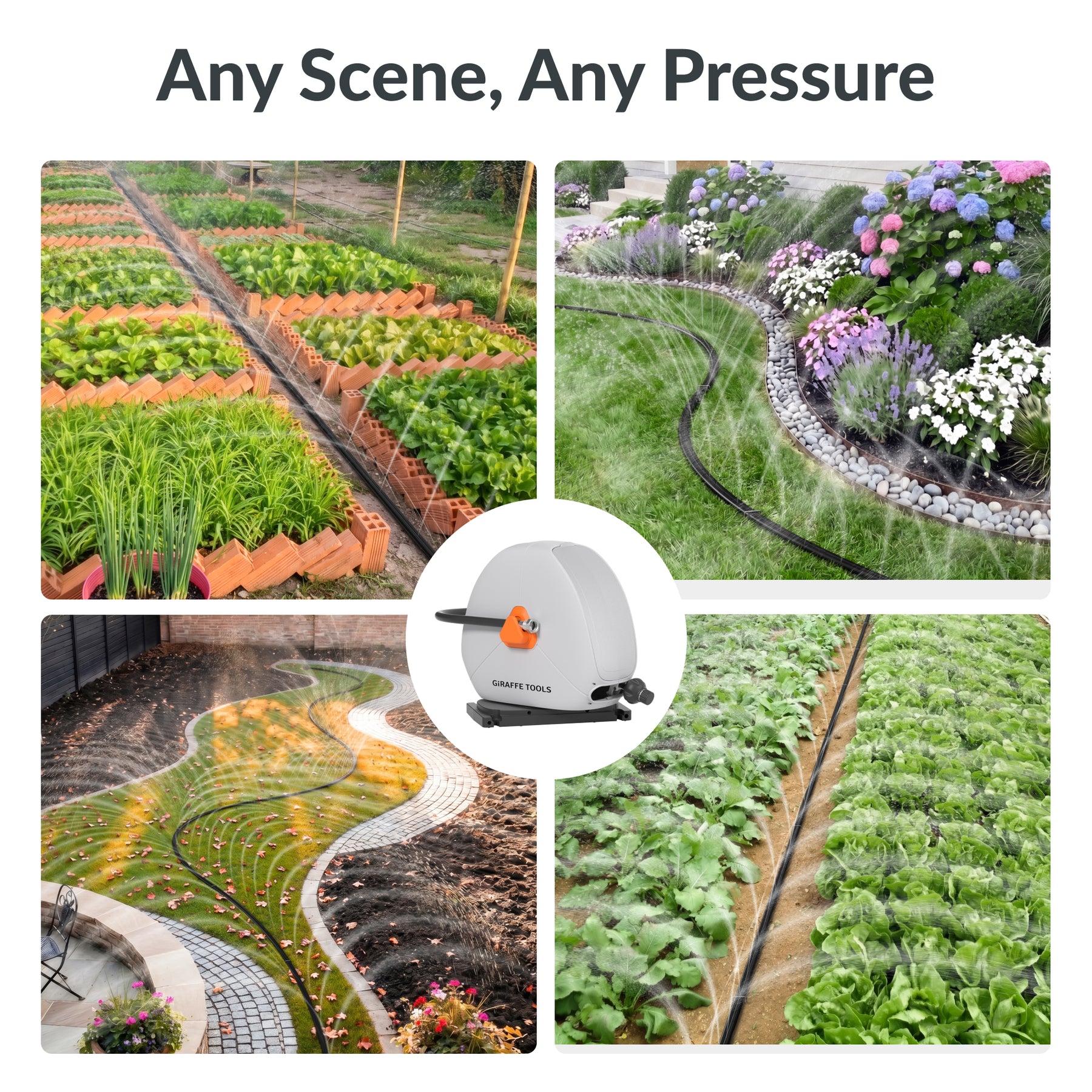 Giraffe Tools Ground-Mounted Retractable Irrigation Hose Reel-5/8 in-79ft Features adjustable irrigation for lawns, flower beds, gardens, and different watering scenes.