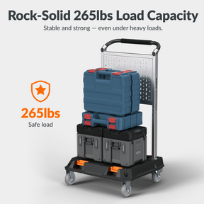 Giraffe Tools Heavy Duty Rolling Utility Cart Features: a heavy-duty 265 lb load capacity for securely carrying multiple toolboxes and equipment.