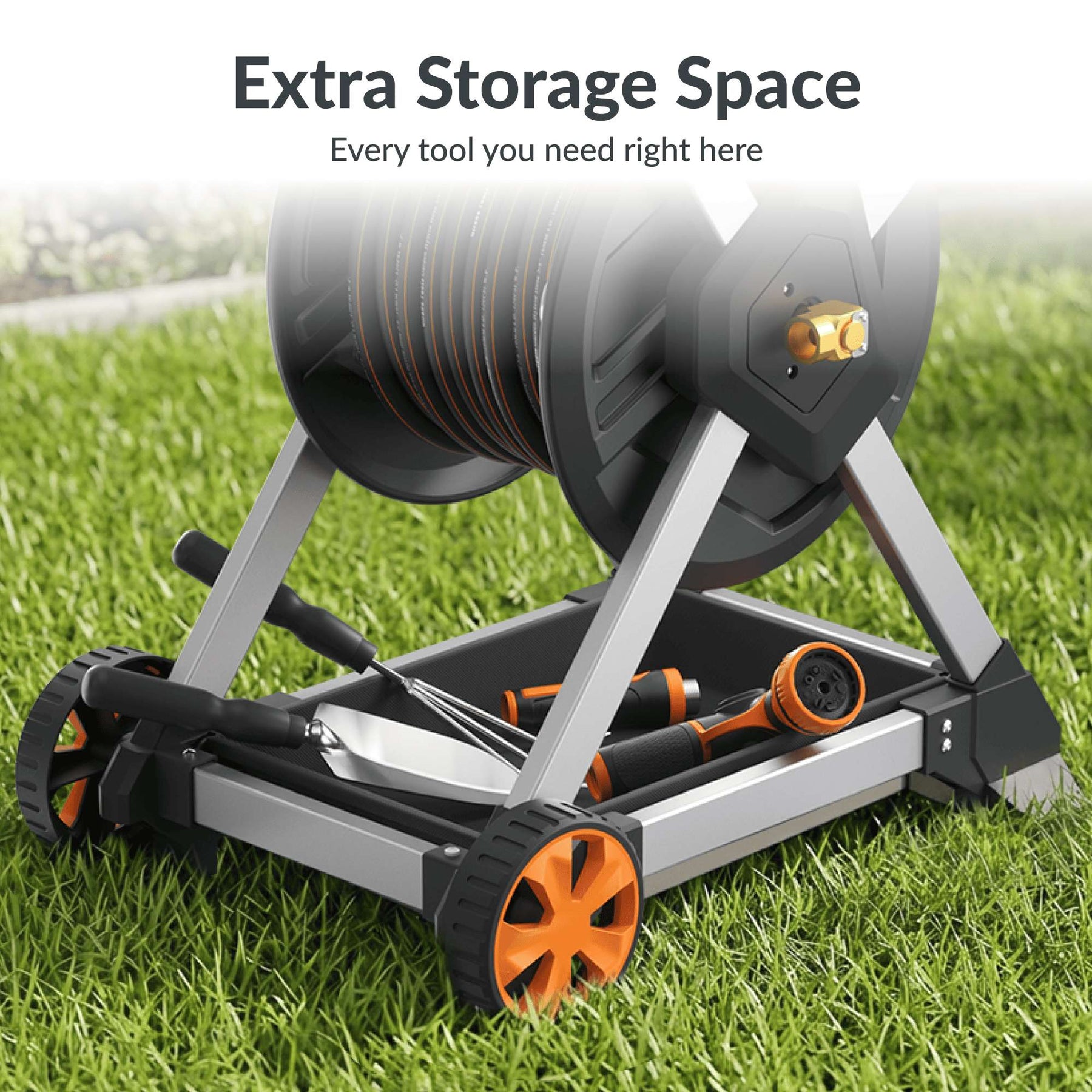 Garden Hose Reel Cart with Tool Tray