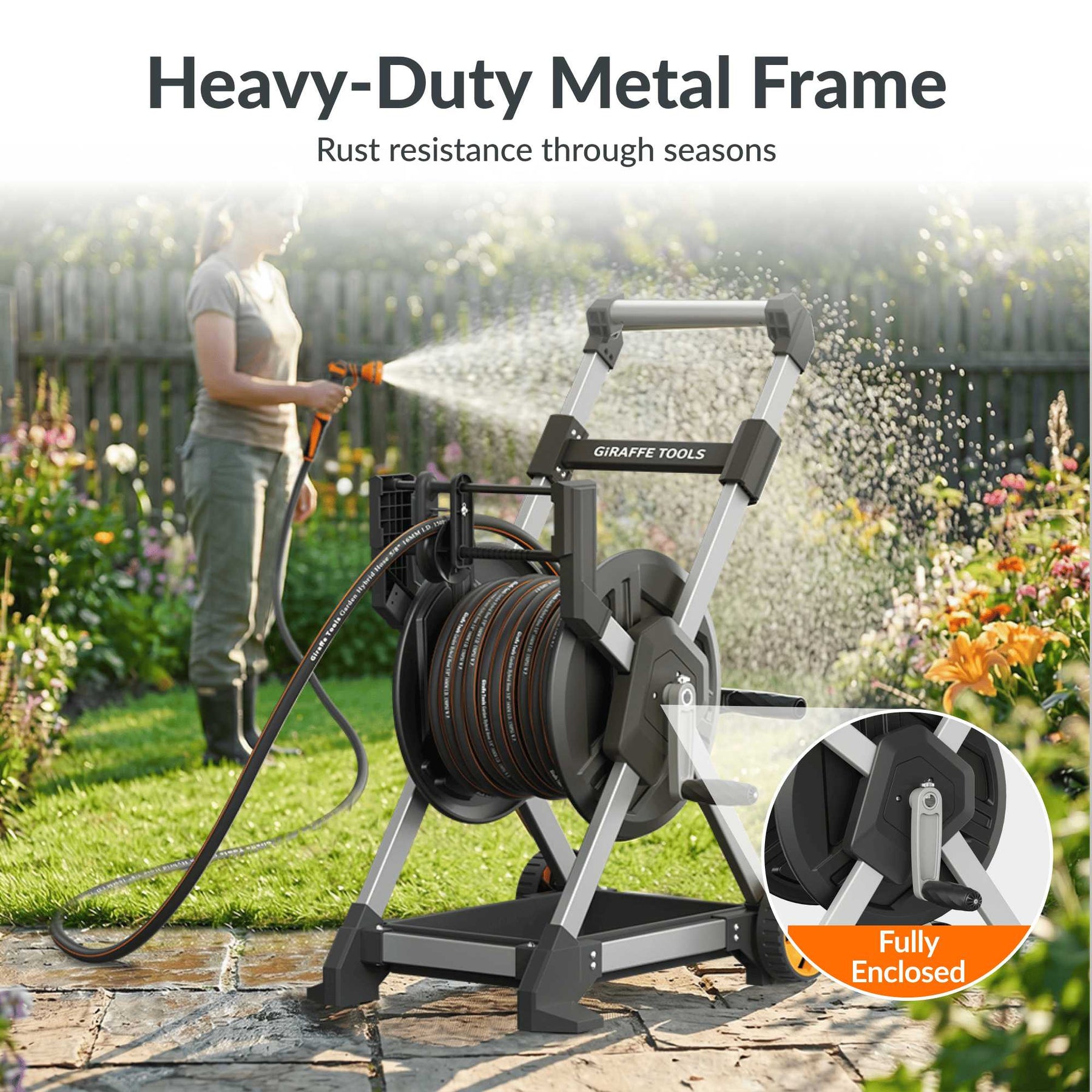 Garden Hose Reel Cart with Tool Tray