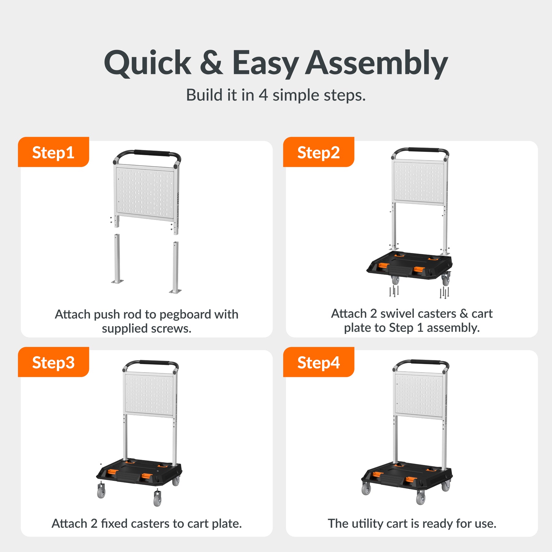 Giraffe Tools Heavy Duty Rolling Utility Cart Features: quick and easy four-step assembly with a frame, cart platform, swivel casters, and fixed casters.