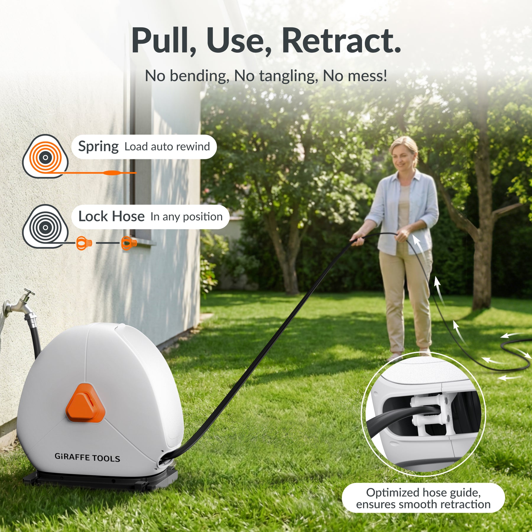 Giraffe Tools Ground-Mounted Retractable Irrigation Hose Reel-5/8 in-79ft Features pull, use, and retract operation with smooth auto rewind and hose locking.