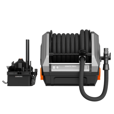 Giraffe Tools GrandFlux Retractable Vacuum Cleaner Plus Features showing complete cleaning system