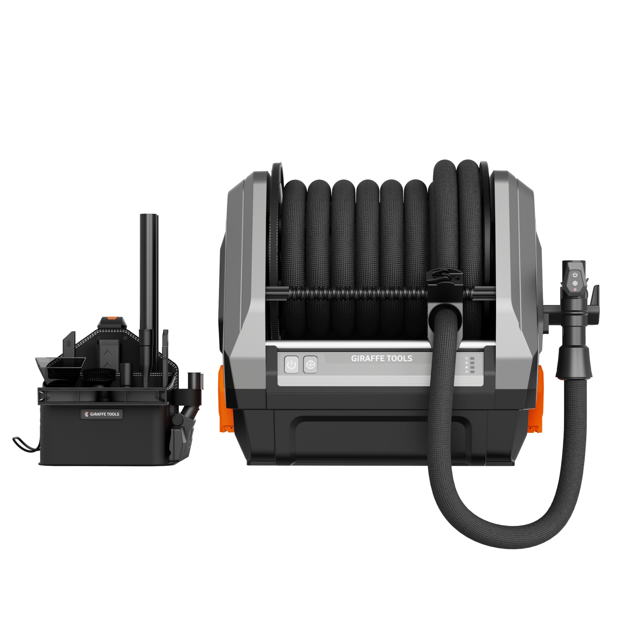 Giraffe Tools Grandstorm Retractable Vacuum Cleaner Plus Features showing complete cleaning system