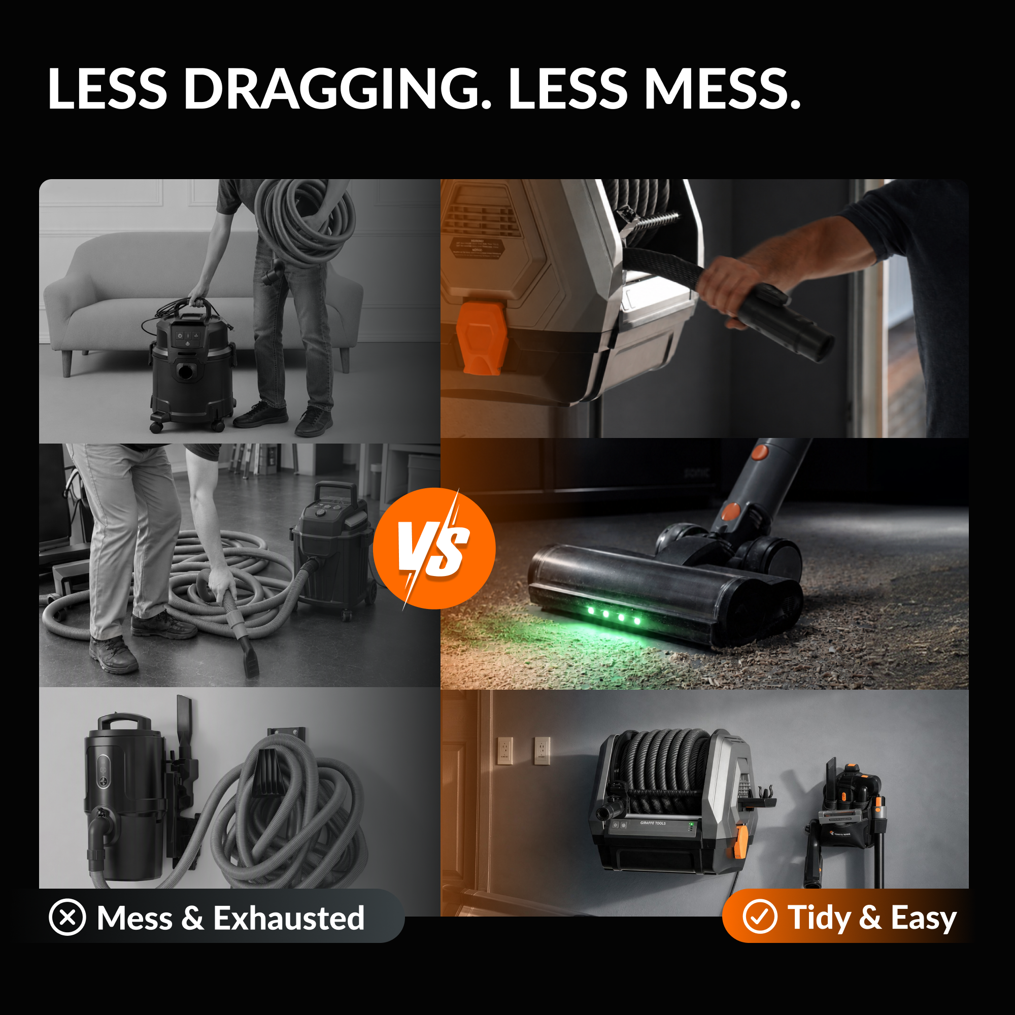 Giraffe Tools GrandFlux Retractable Vacuum Cleaner Features showing tidy storage design