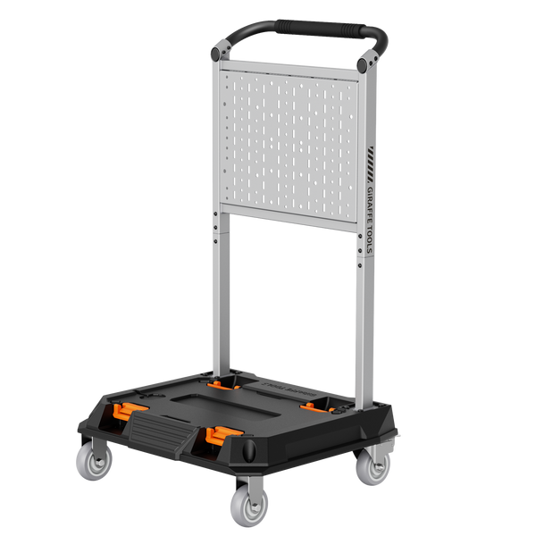 Giraffe Tools Heavy Duty Rolling Utility Cart Features: a heavy-duty frame, customizable pegboard, spacious storage platform, and four caster wheels.