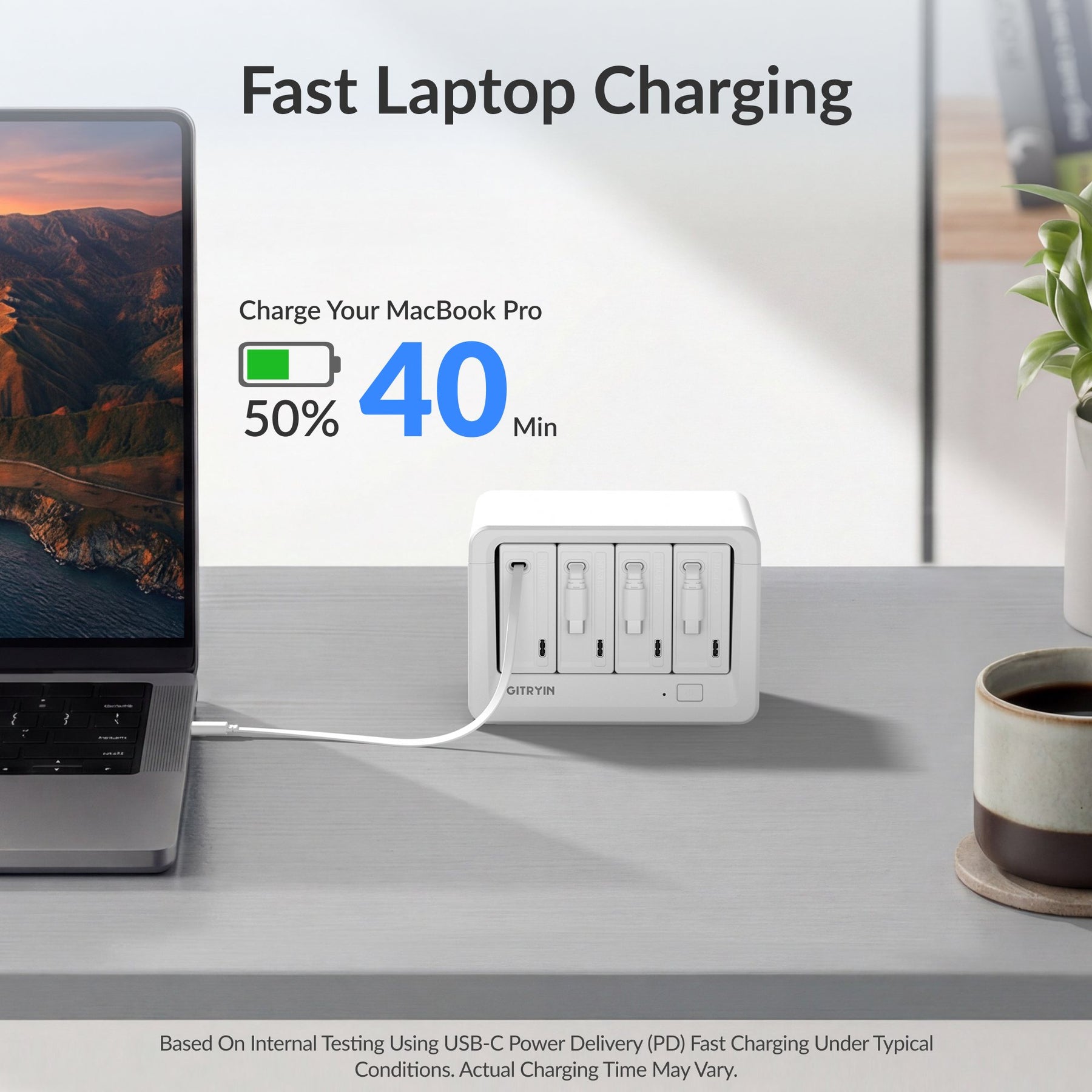 Gitryin Desktop Charging Station 12-in-1 (65W Combo) Features showing fast laptop charging