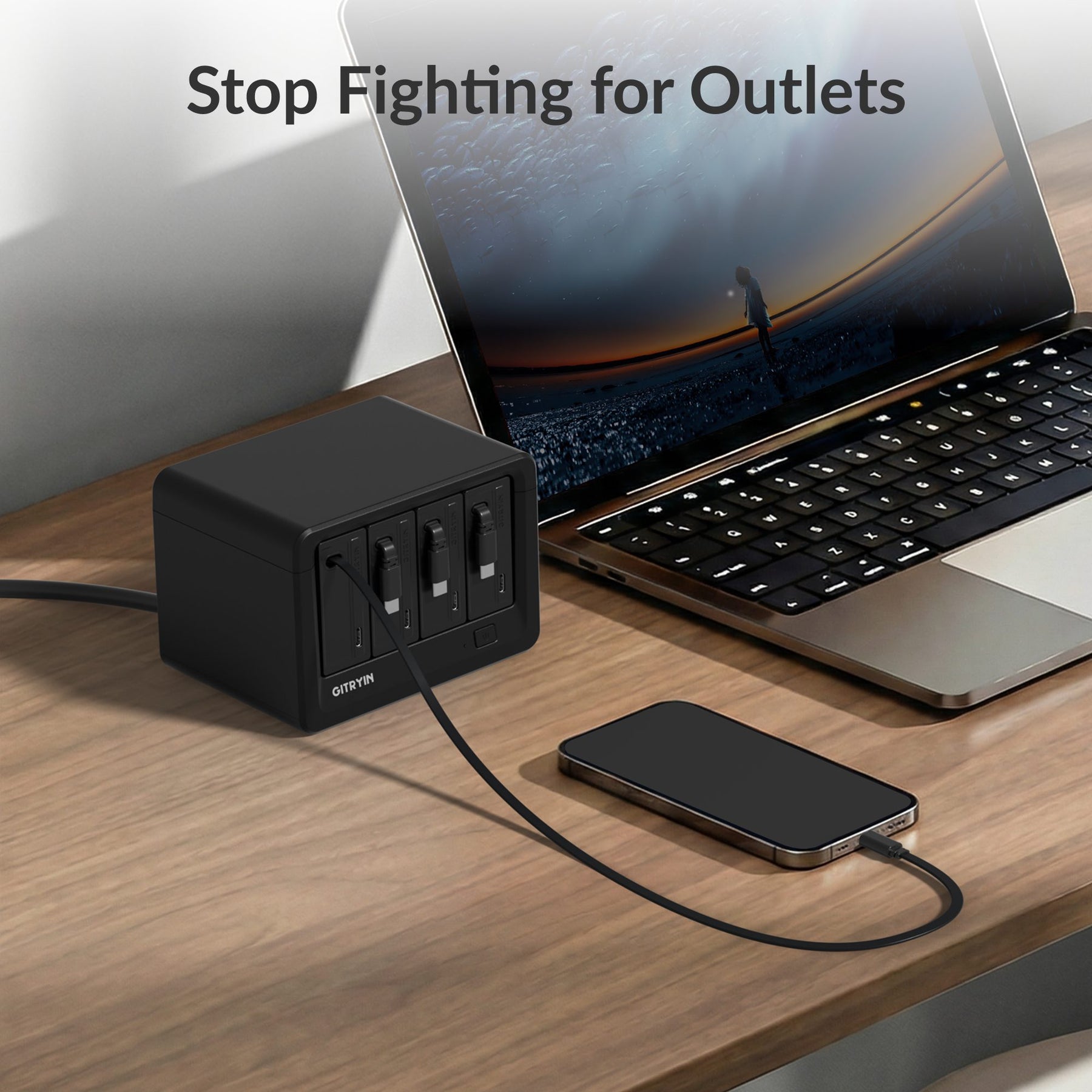 Gitryin Desktop Charging Station 12-in-1 (65W Combo) Features showing the black model charging a phone with a built-in retractable cable
