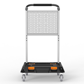 Giraffe Tools Heavy Duty Rolling Utility Cart Features: a heavy-duty frame, customizable pegboard, spacious storage platform, and four caster wheels.