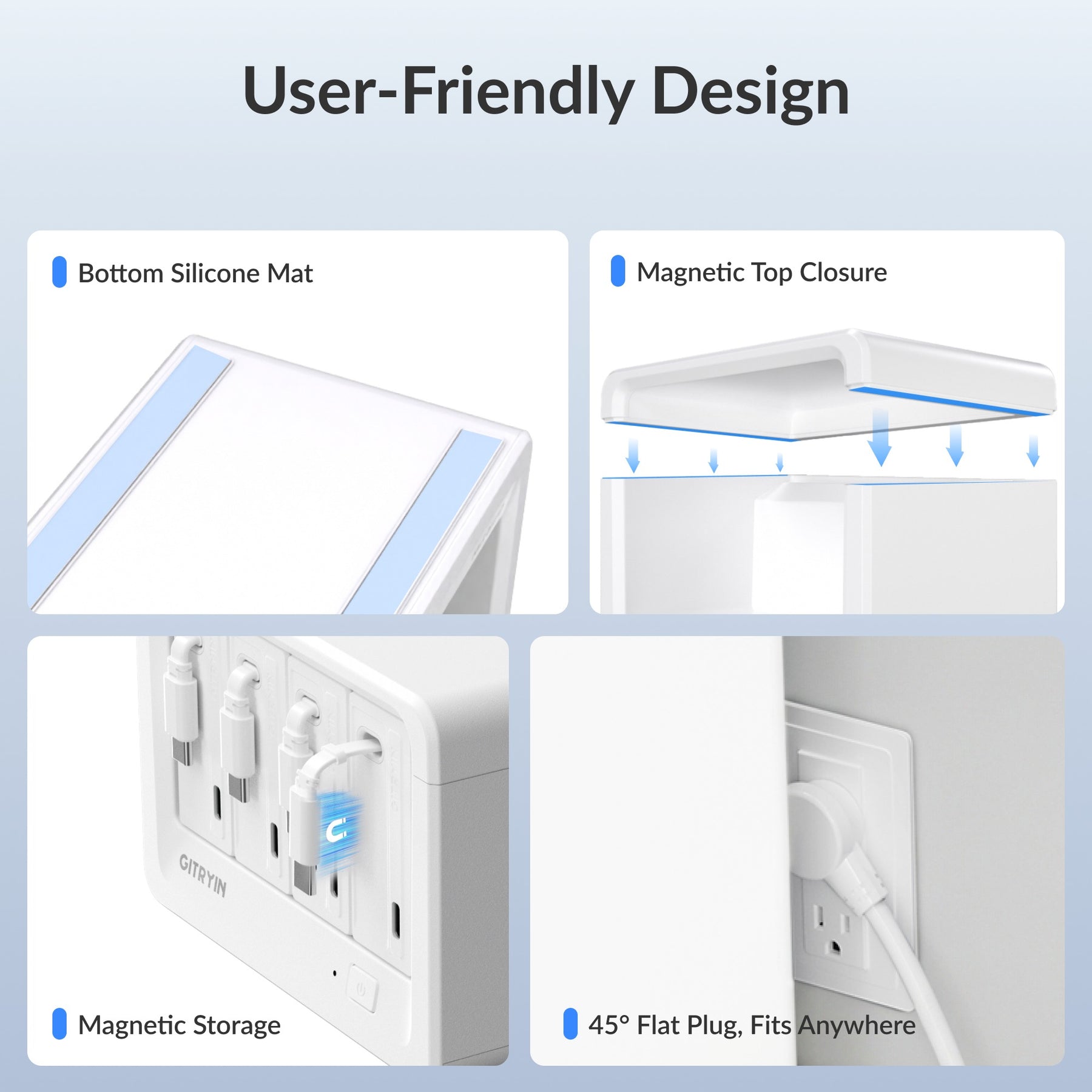 Gitryin Desktop Charging Station 12-in-1 (65WCombo) Features showing silicone grip pads, amagnetic lid, magnetic cable storage and a 45-degree flat plug