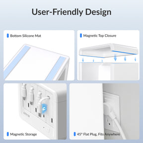Gitryin Desktop Charging Station 12-in-1 (65WCombo) Features showing silicone grip pads, amagnetic lid, magnetic cable storage and a 45-degree flat plug