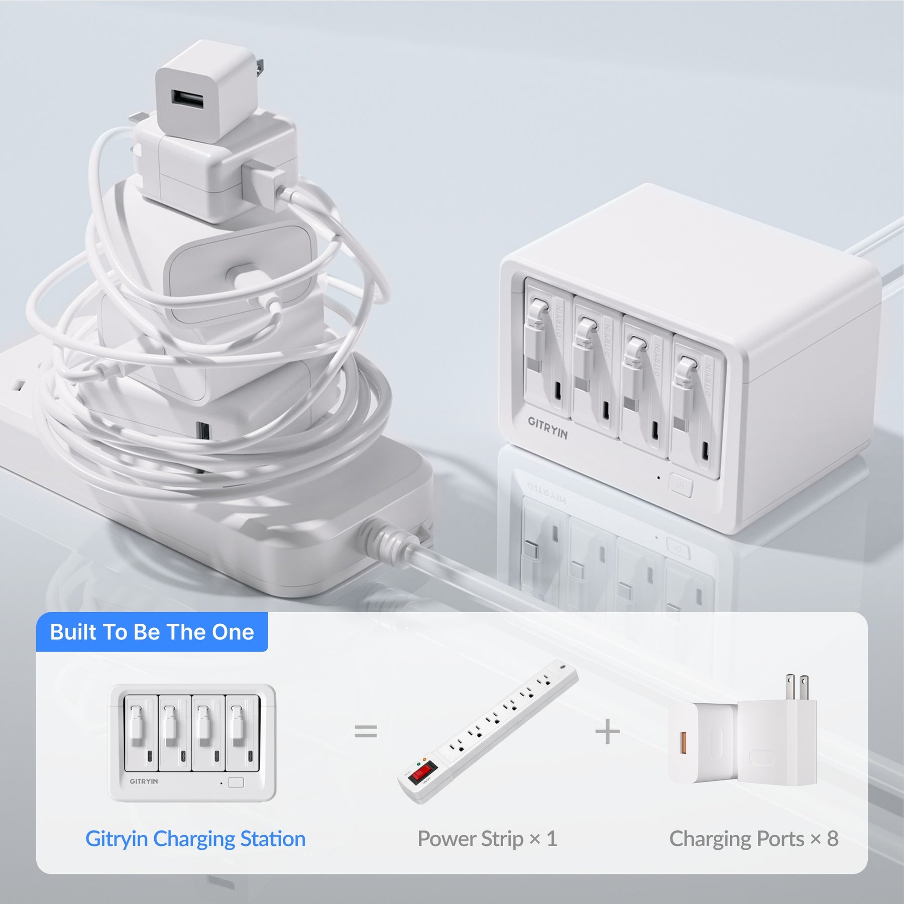 Gitryin Desktop Charging Station 12-in-1 (65W Combo) Features showing an integrated power strip and multiport charging solution