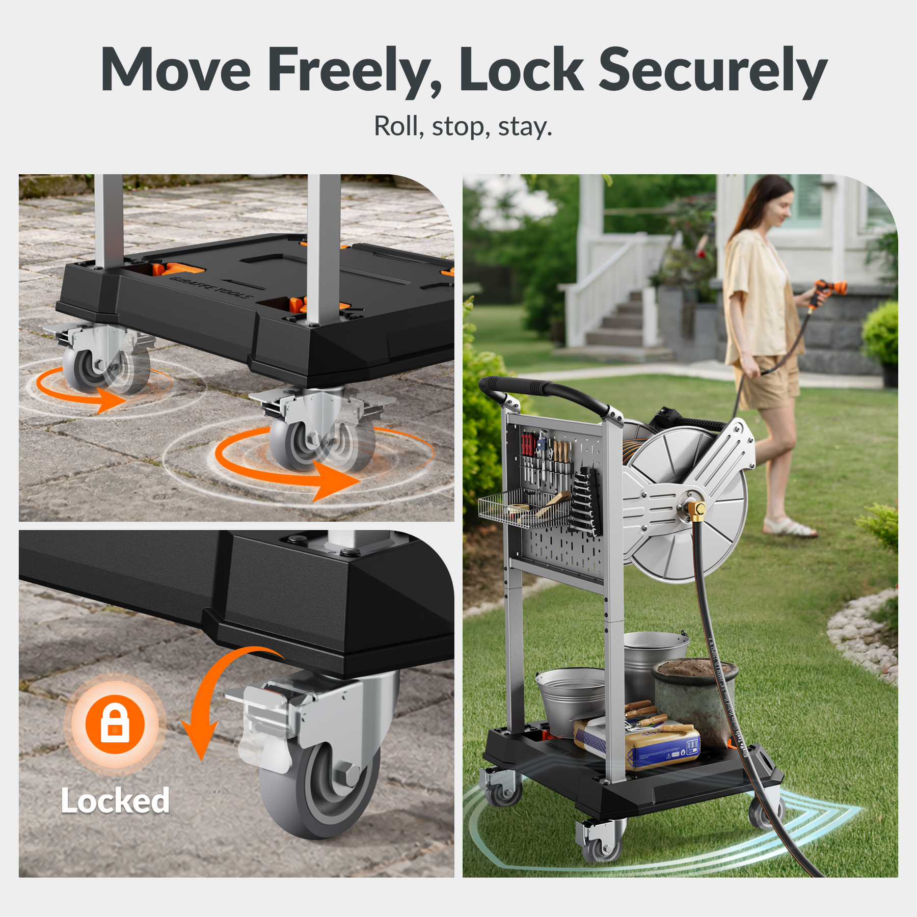 Giraffe Tools Heavy Duty Rolling Utility Cart Features: swivel casters for smooth movement and locking brakes for secure positioning.