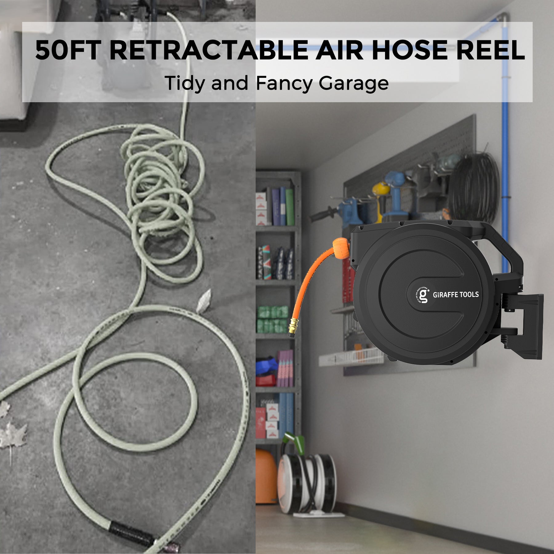 Retractable Air Hose Reel-PP Housing-3/8in-50ft