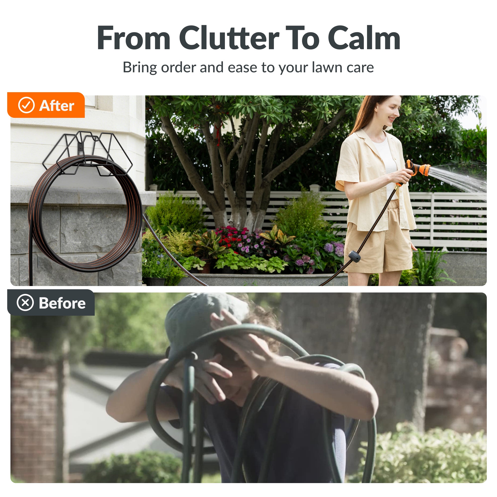 Giraffe Tools Garden Hose Holder Features organized hose storage that helps turn cluttered lawn care into a cleaner outdoor setup.