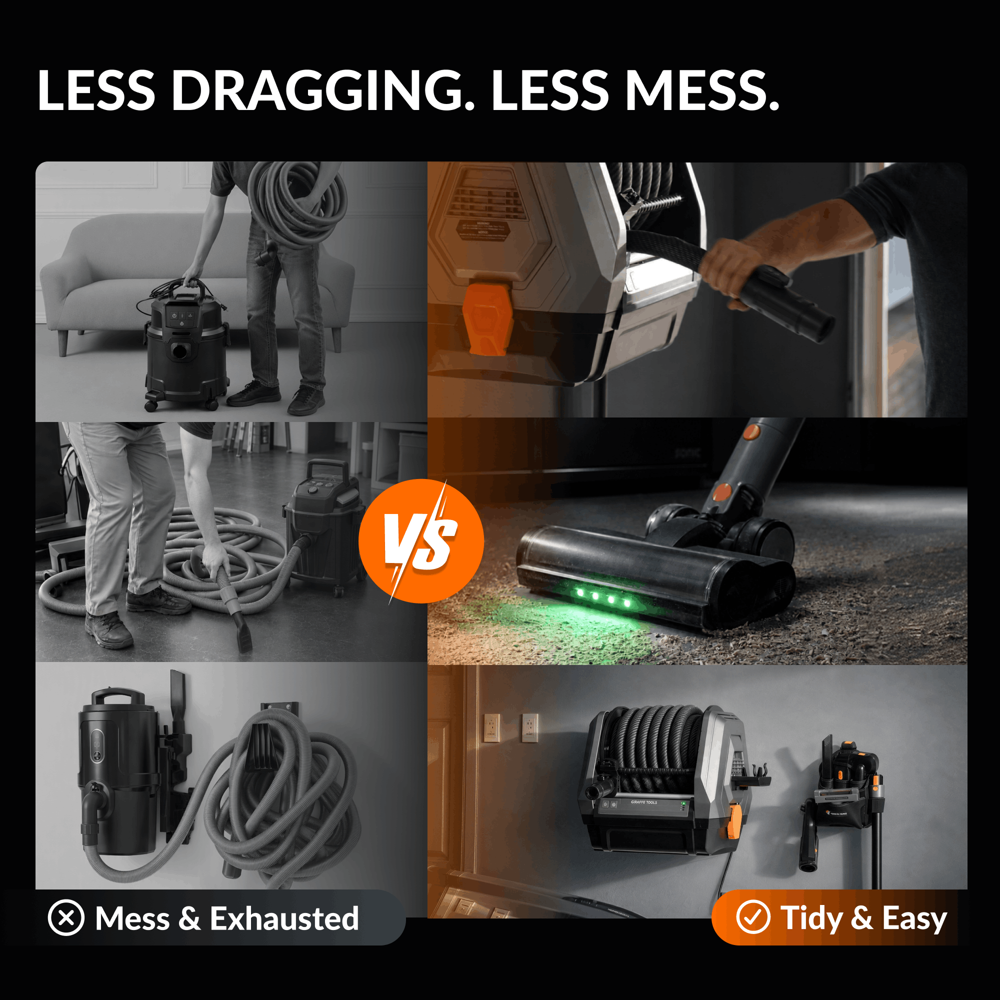 Giraffe Tools GrandFlux Retractable Vacuum Cleaner Features showing tidy storage design